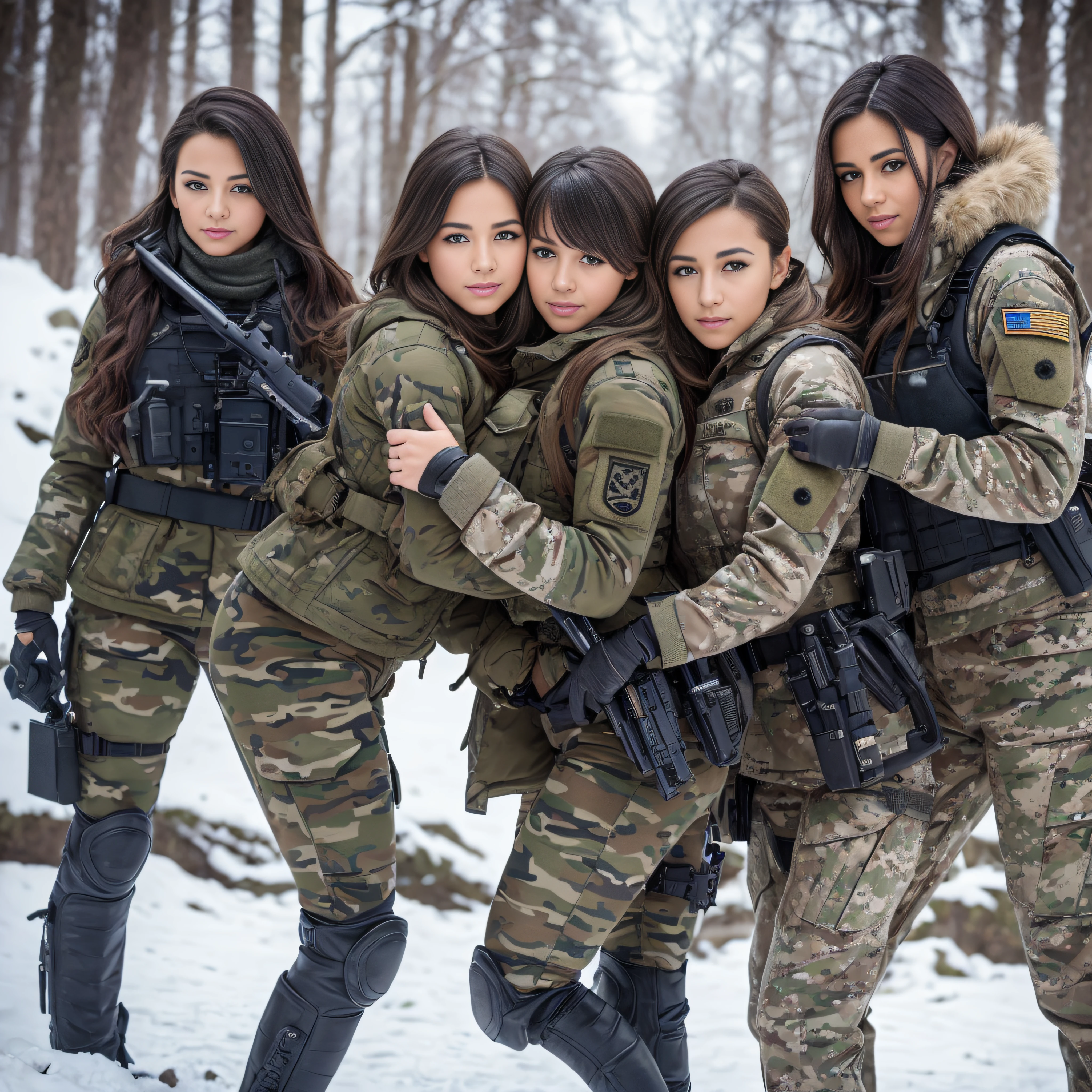(Photorealistic), Beautiful lighting, Best Quality, Realistic, Full body portrait, real picture, Intricate details, depth of fields, 3 lesbians girls embracing , In a cold blizzard, Very muscular soldier girl with a haircut, Fatigue of the army wearing winter camouflage, Camouflage Plate Carrier Rig, Combat gloves, (Magazine Pouch), (Kneepads), ighly detailed, Perfect face, Blue eyes, Lips, wide hips, Small waist, tall, make up, Tactic, FUJI XT3, Outdoors, bright day, Beautiful lighting, Raw photo, 8K UHD, Film grain, ((Bokeh))