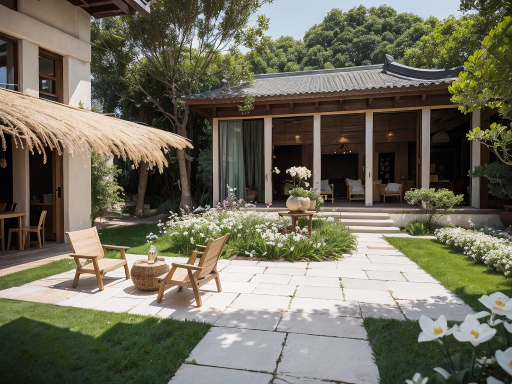 ,masterpiece, best quality,8k, ultra highres,Set in a fairyland-like courtyard,Enjoy your intimate encounter with nature。The lawn is green,The delicate flowers exude fragrance。The winding path is paved with white petals,It's like walking through the clouds。Ornate rattan chairs with backrests in the gazebo,The white coffee table is filled with fresh fruit and delicious desserts。Gently brush the breeze off your cheeks,It was as if it was the wings of an angel that had been touched。Quiet and warm courtyard,Evoke soft emotions in the depths of the human heart。