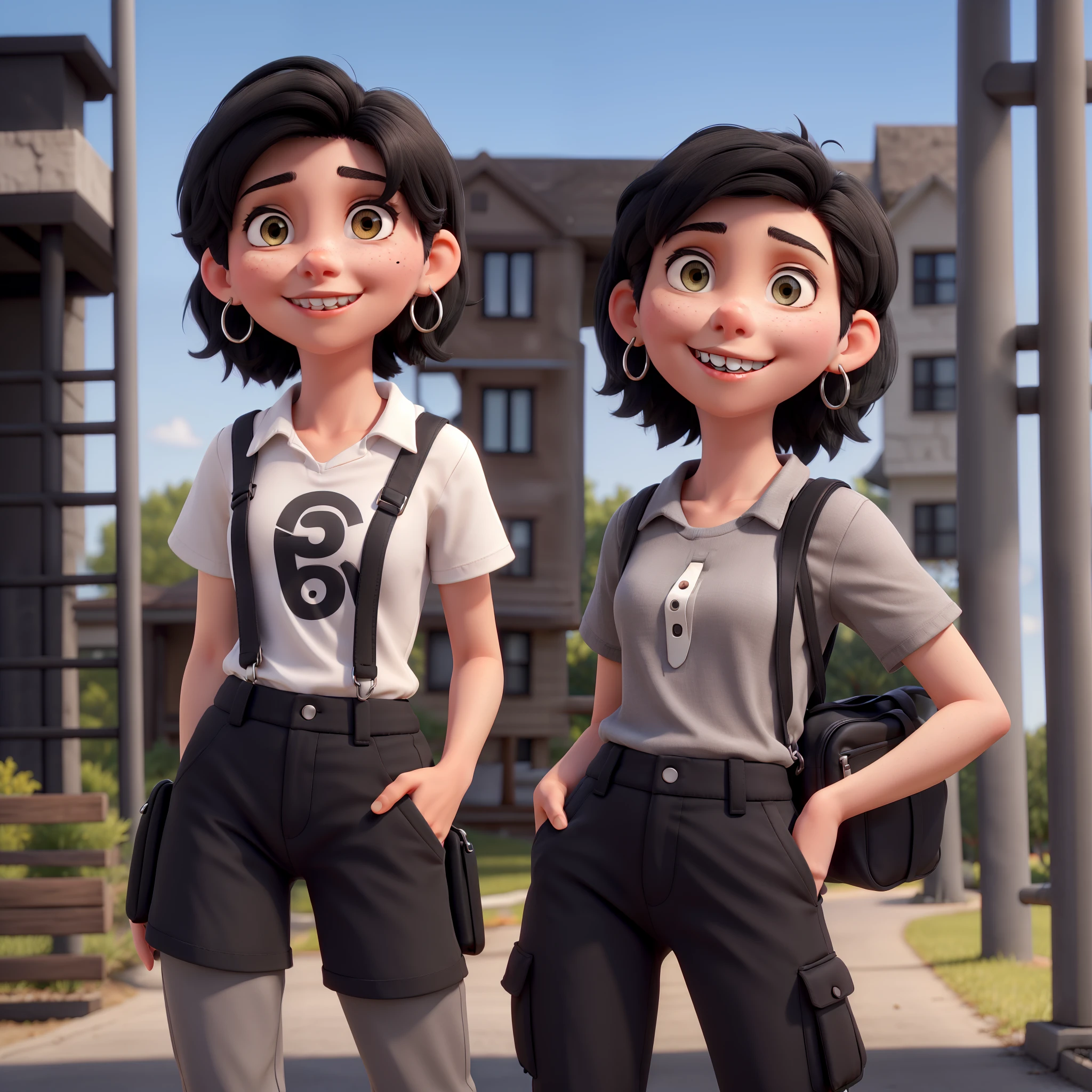 White girl light eyes short black hair wearing baggy black pants with silver earrings and braces on teeth.