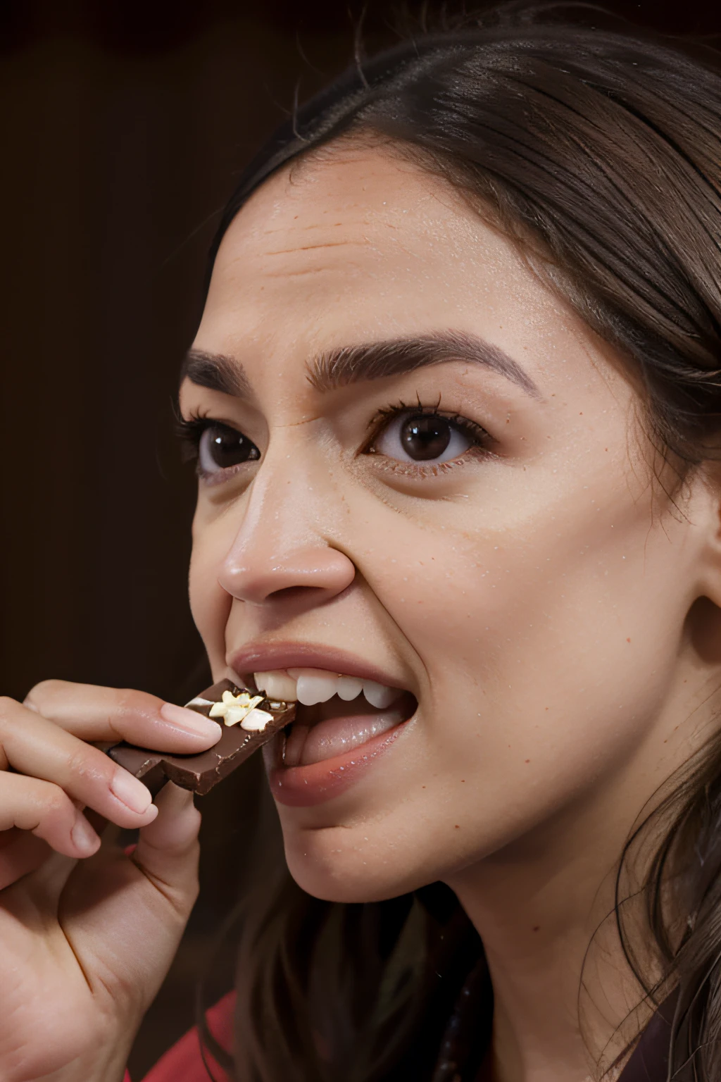 close up photo alexandria ocasio-cortez eating a chocolate bar, biting a chocolate bar