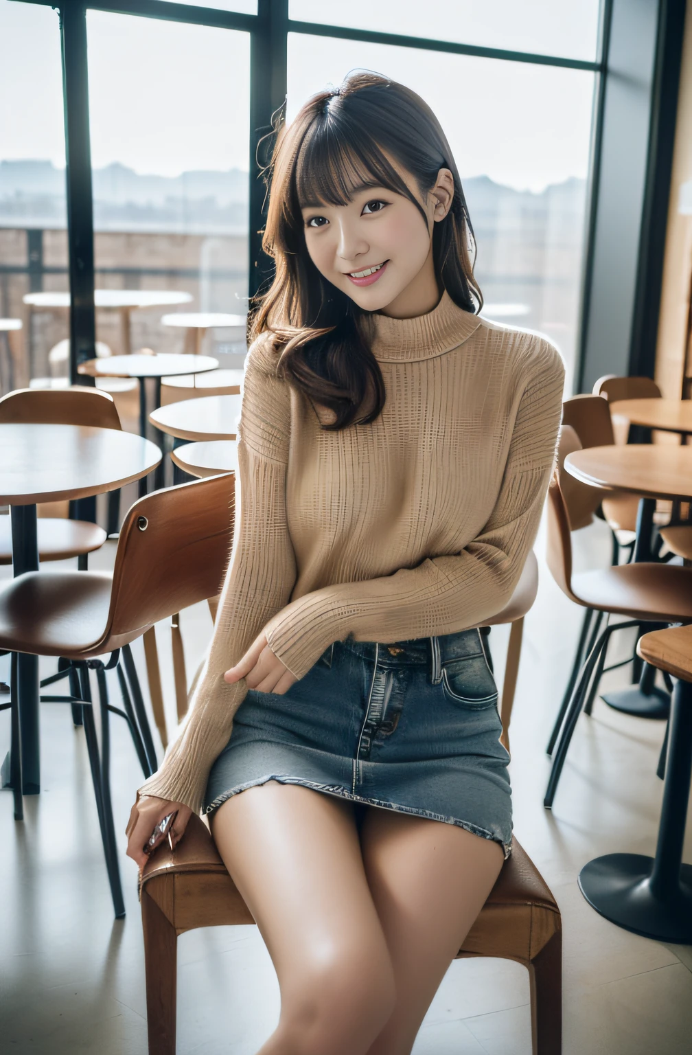 ((top-quality、in 8K、masterpiece:1.3))、beautiful japanese female、With dimples、Wear an open-neck sweater、I wear a tight denim skirt、Beautiful legs、Beautiful inner thighs、sit a chair、Leaning back in your chair、Being in a café、30-year-old woman with