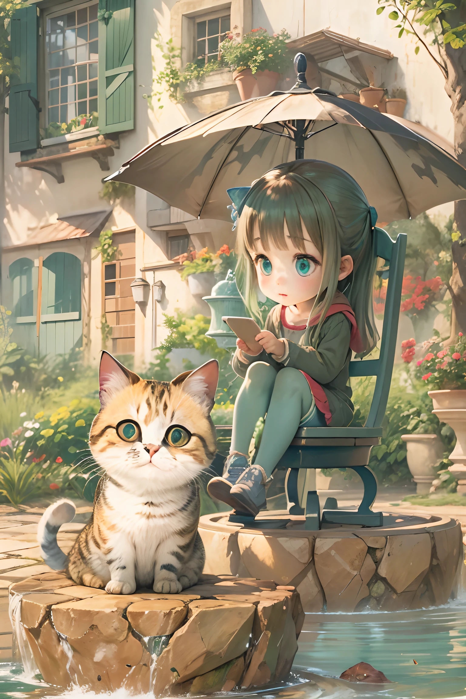 A girl sits on a chair with a round-eyed cute cat, Garden fountain, , Distant houses.