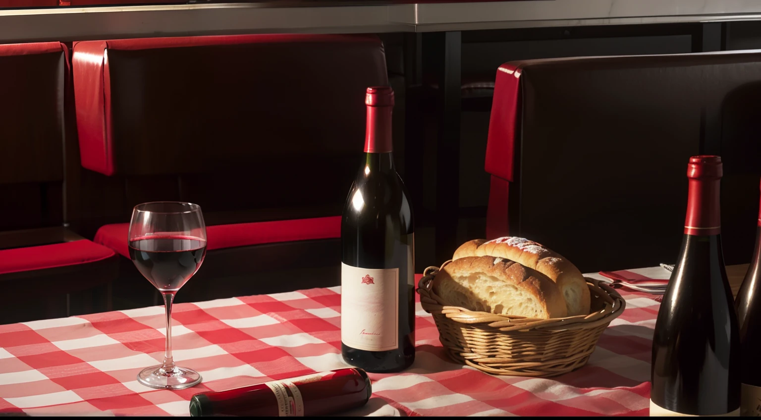 A closeup of a red and white checked tablecloth in a restaurant with a bottle of wine, a basket of bread and an uncovered playing card