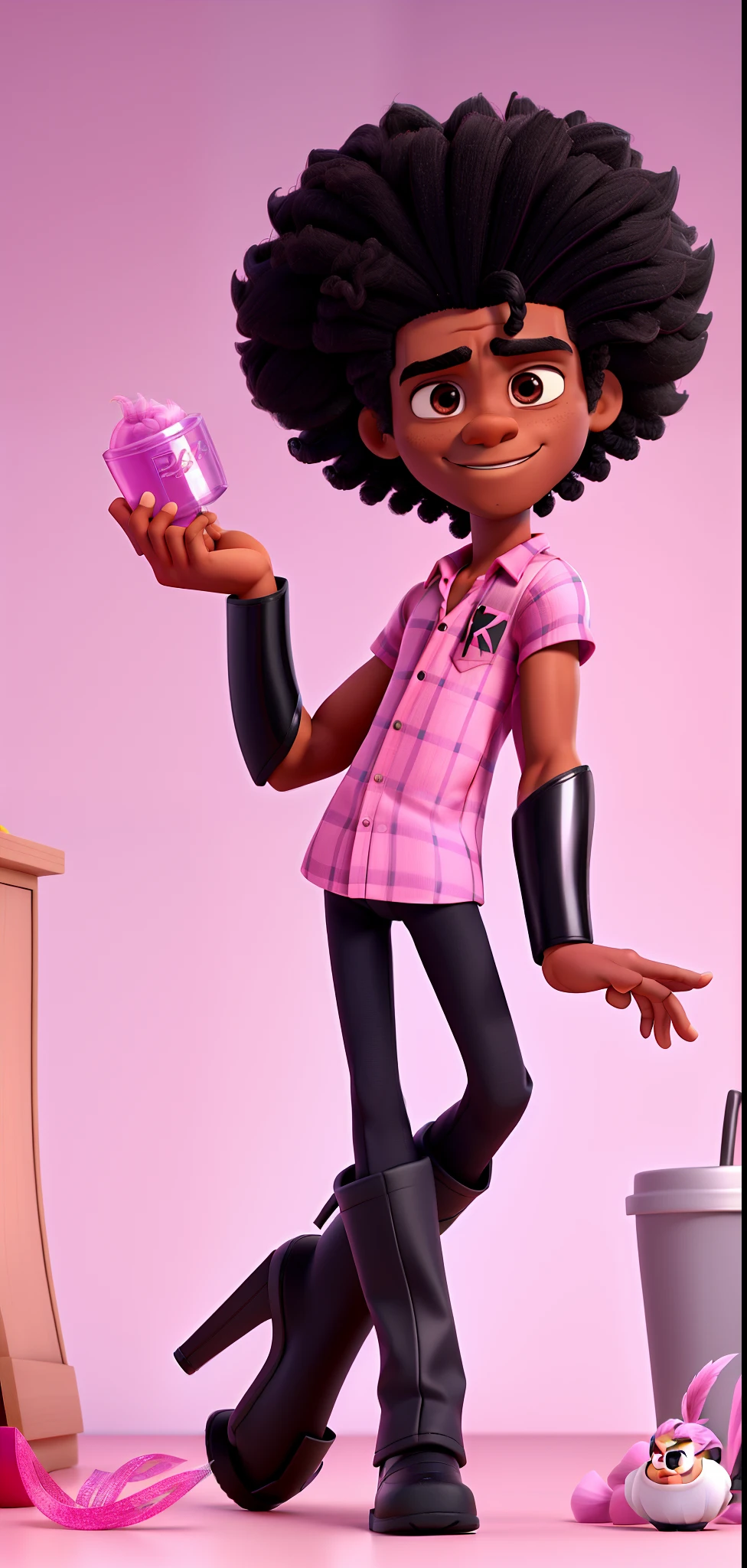 homem negro gay, Black Power Hair Superhero, magro, sem barba no rosto, com bota de salto alto, false nails, Pixar animation pink makeup and shirt
