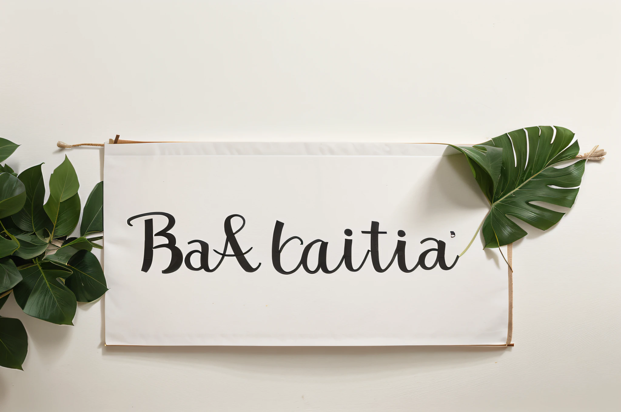 minimalistic poster of a palm leaf, white background, handwritten text "Bahala na" on the bottom