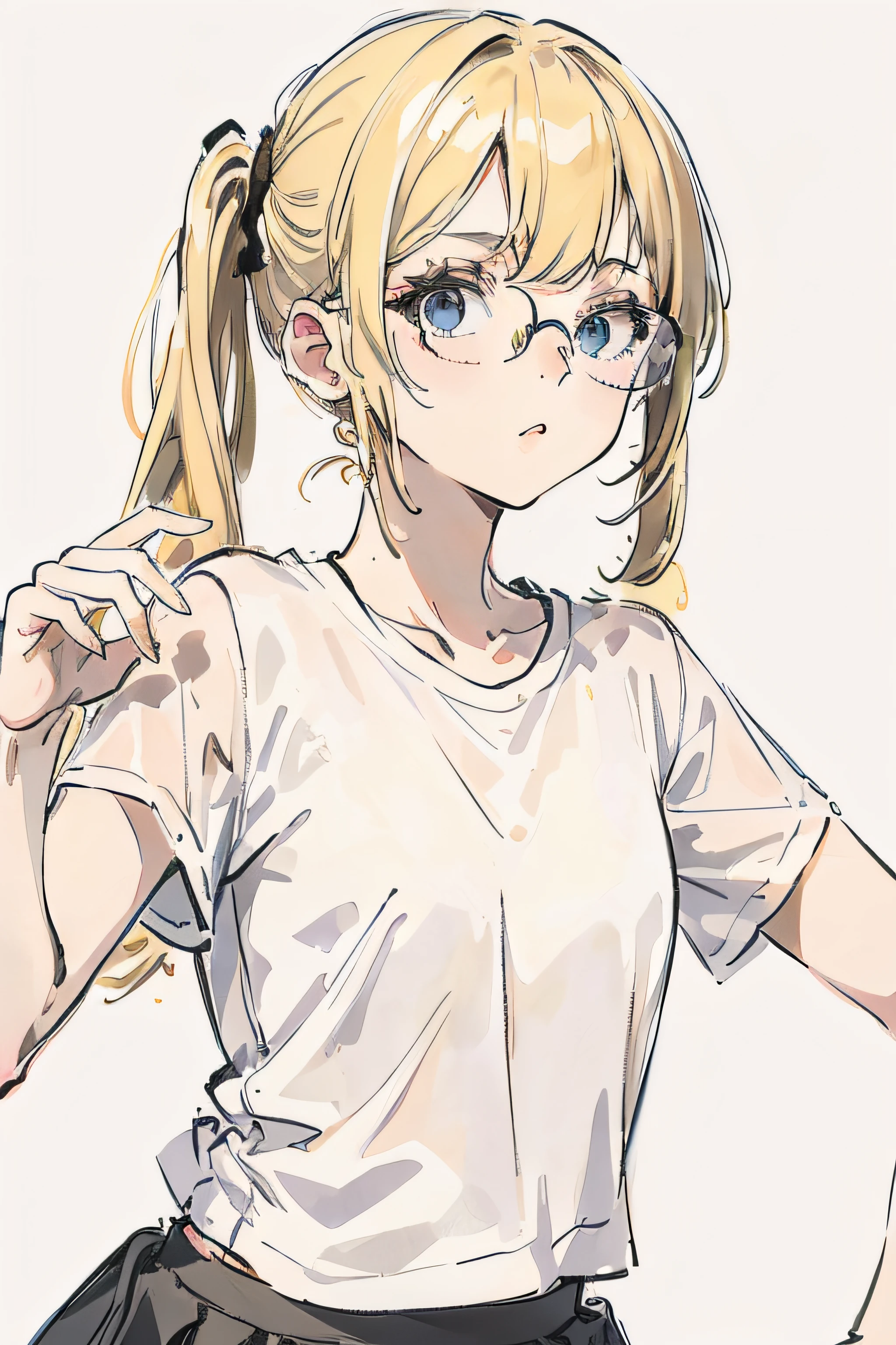 masterpiece, best quality, high quality, 1female, 24y, solo, female focus, upper body, wearing glasses, blonde hair with twin tail hairstyles. dressing white t-shirt oversize and black tight little skirt.