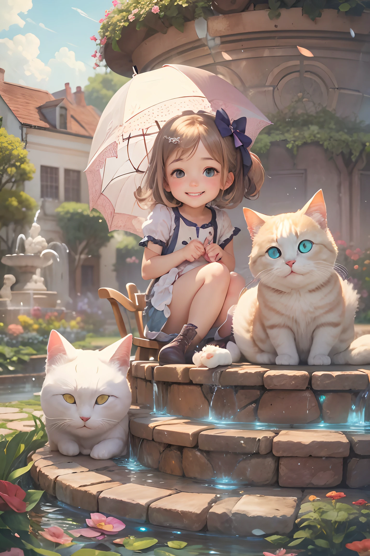 A girl smiles, sits on a chair with a round-eyed cute cat, Garden fountain, , Distant houses.