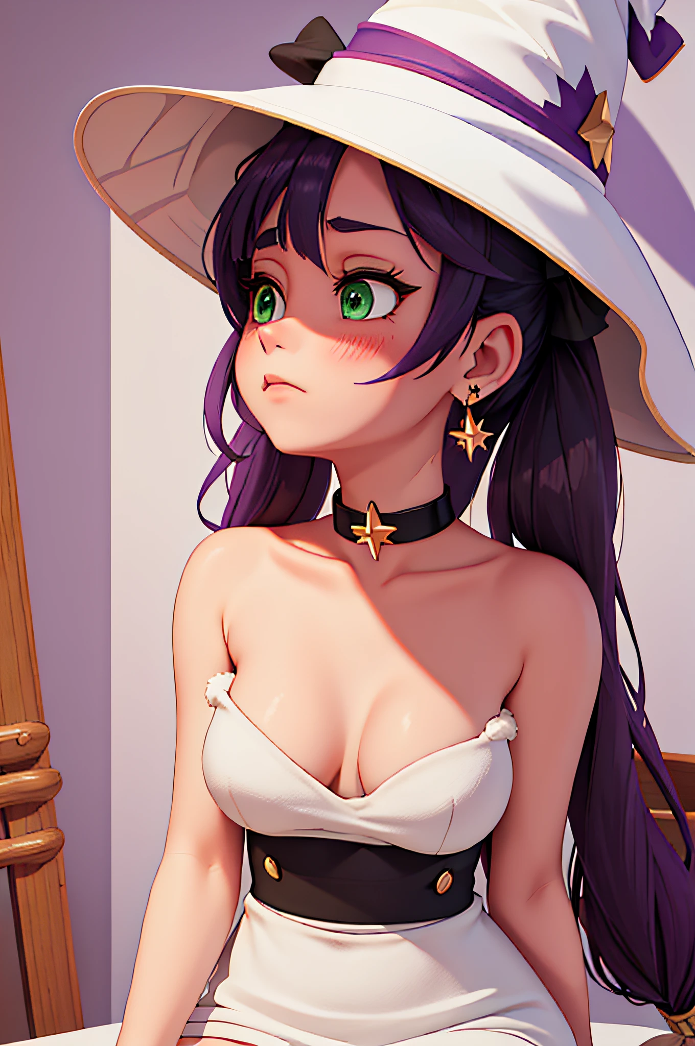 best quality, masterpiece, highres, solo, {mona_genshin}, long_hair, twintails, bangs, black_hair, blush, green_eyes, hat, jewelry, witch_hat, earrings, medium_breasts, 1girl, choker, looking_at_viewer, black_choker, closed_mouth, purple_headwear, star_earrings, hair_between_eyes, simple_background, fur_trim, portrait, white_background, upper_body, fur_collar, purple_hair