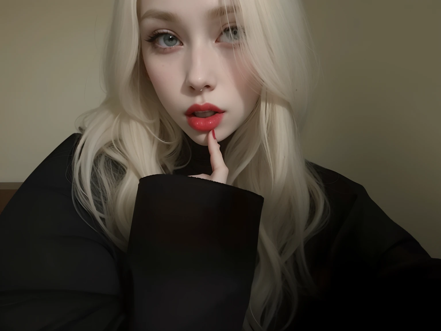 Blonde woman with a black top and a red lip, very very pale blond hair, extremely pale blond hair, her hair is white, menina perfeita de cabelos brancos, pale hair, com cabelos longos brancos, very very pale white skin, menina com cabelo branco, com longos cabelos brancos, very very very pale white skin, very very pale white skin, pale goth beauty