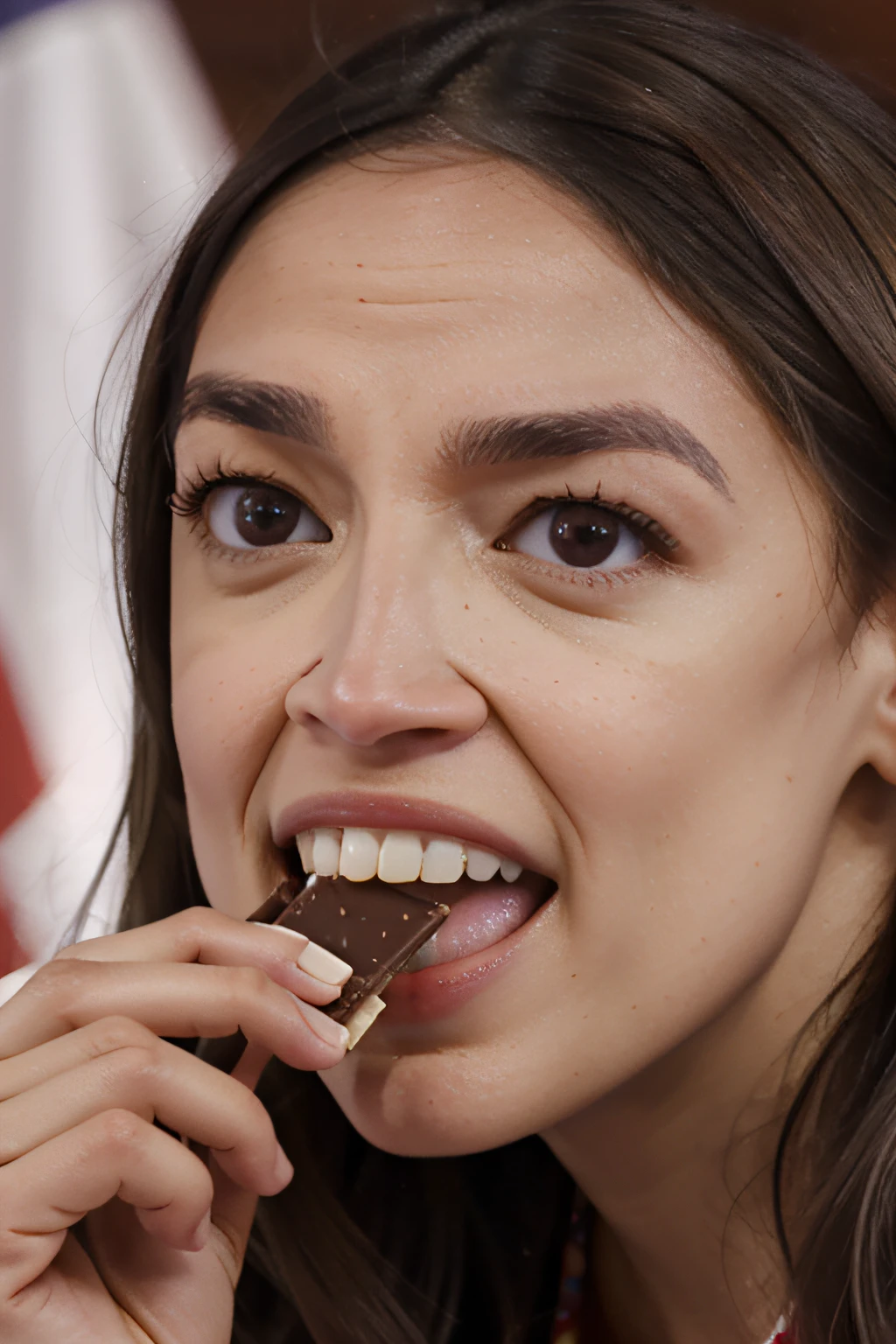 close up photo alexandria ocasio-cortez eating a chocolate bar, biting a chocolate bar