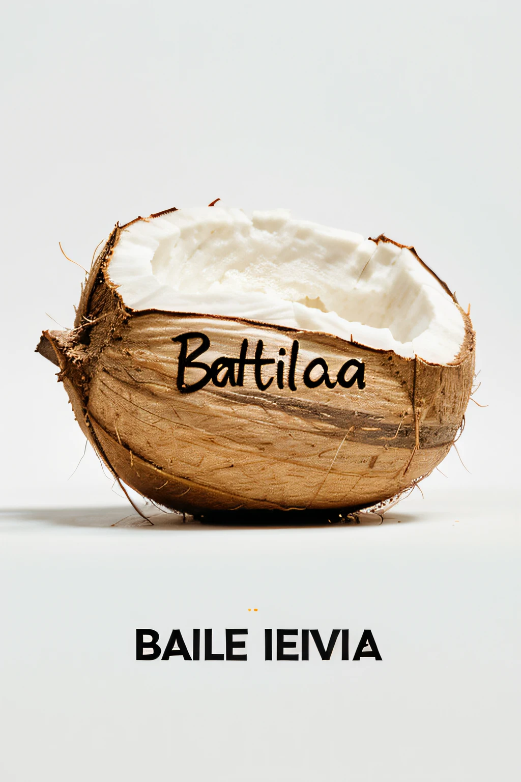 minimalistic poster of a half coconut, white background, handwritten text "Bahala na" on the bottom