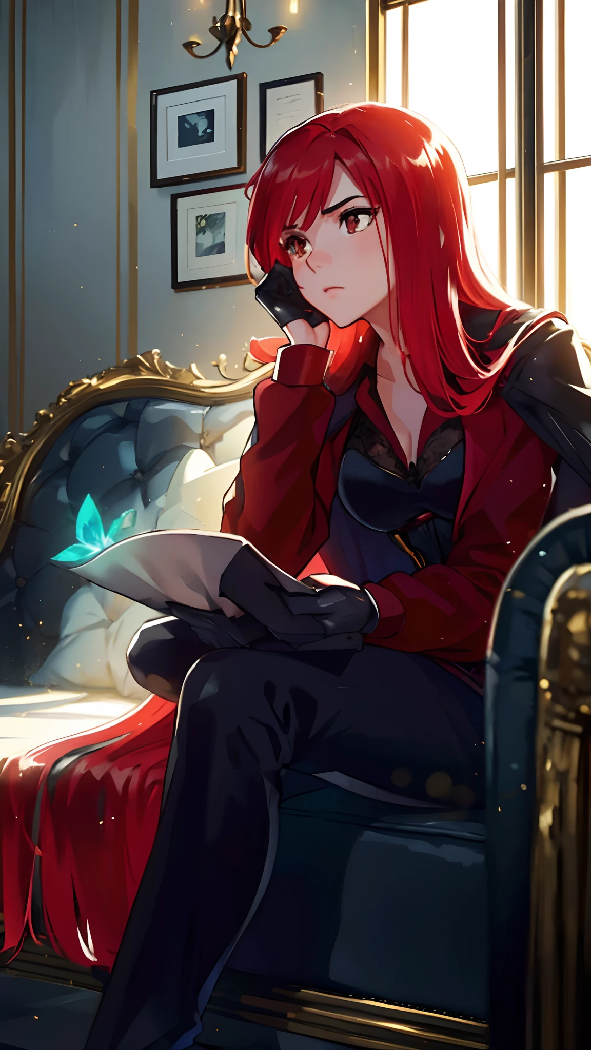 Erza Scarlet is one of the main characters in the series. The young woman with scarlet hair and brown eyes is described as an amazing woman, very strict and who does not admit when others make mistakes. She's a slender, Figura elegante com curvas bem desenhadas. Her most common attire consists of a corset with custom-made laces, a pair of black pants, Botas pretas e brincos em forma de diamante, in high resolution, circunstanciado ((melhor qualidade))