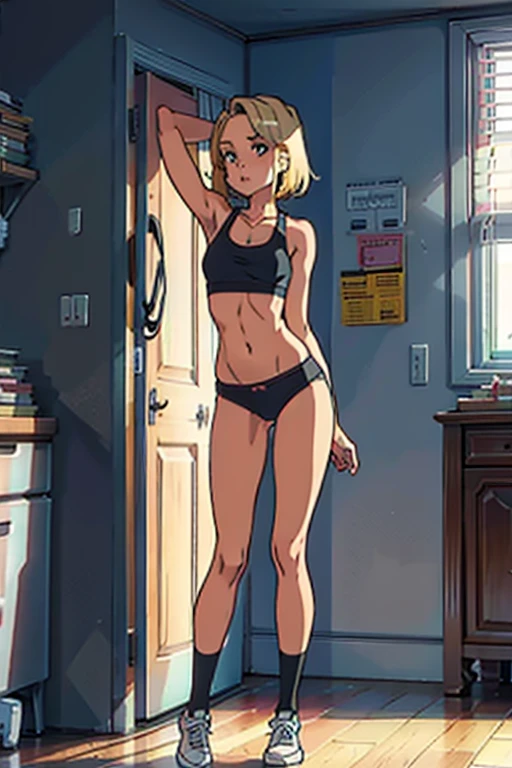 Sexy girl at home in just underwear, sports bra and panties, thong, tiny panties, socks, shoes, short hair, blonde, full body