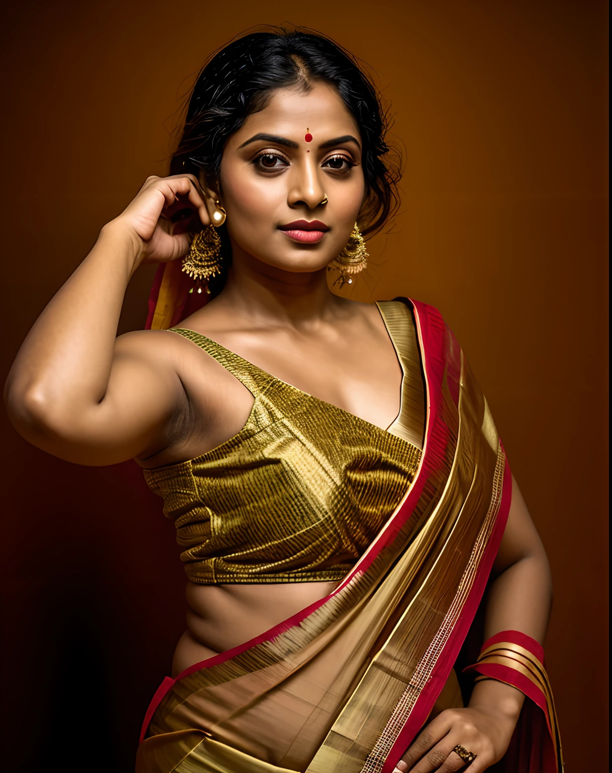 Foto RAW, photorealistic, photography, full body shot, master shot, Saree model, bengali village woman wearing Sari without blouse, bengali vintage cultural dress, bengali heritage dress, model Photography, Indian saree shoot, village woman, sensual lust, sensual beauty, erotic photoshoot, bengali village woman, bengali housewife, bhabhi, aunty, bong girl, village sari, village girl, village Sari style, vintage Indian Village Style sari draping , retro village wear, village style, no blouse saree, no blouse can be seen, traditional wear advertising photography, traditional wear brand shoot, face of Indian actress Drashti Dhami, masterpiece, realistic, realism, photorealism, high contrast, photorealistic Artstation 8k HD digital art trend of high definition and detailed realistic skin texture, ultra detail, realistic skin texture, armature, best quality, ultra high definition, (photorealistic:1.4),, high resolution, detail, raw photo, Re sharp, by Lee Jefferies Nikon D850 Film Stock Photo 4 Kodak Portra 400 Camera F1.6 Lens Rich Color Ultra Real Realistic Realistic Textures Dramatic Lighting Unreal Engine Trending at Art Station Cinestill 800,(pele altamente detalhada: 1.2), 8k UHD, DSLR, soft-lighting, alta qualidade, grain of film, Fujifilm XT3