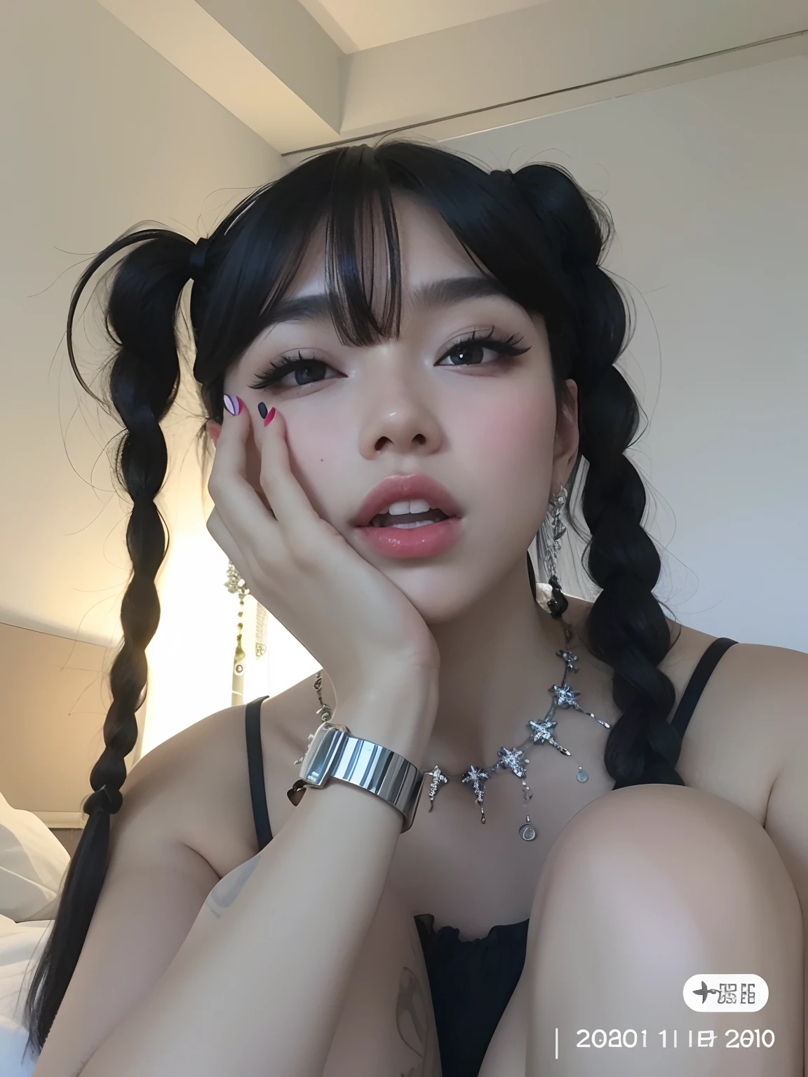 Araffe asian woman with long black hair and a black bra top, com rabo-de-porco preto, Hairstyle Braids, Two Hairstyles Braids, Ulzzang, penteado twintails, cruel korean goth girl, plaits, Cabelo de rabo de porco, menina coreana, pigtail, pelos curtos de rabo-de-porco, pelos em rabos de porco, linda Delphine, rabo de porco longo