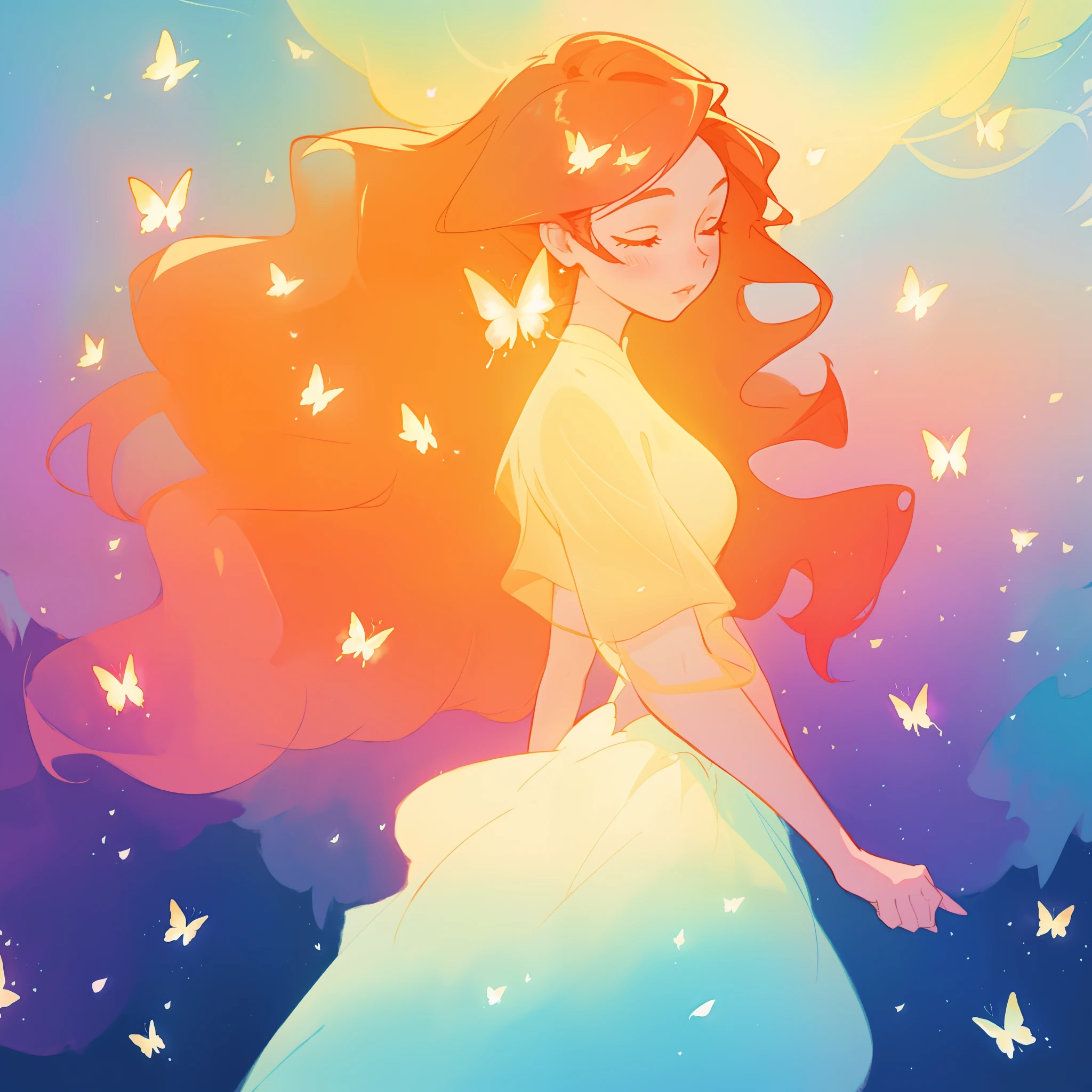 beautiful girl in flowing puffy gradient gold to aqua ballgown, ((glowing butterflies)), long sparkling red hair, delicate gold crown, fantasia background, watercolor illustration, inspired by Glen Keane, inspired by Lois van Baarle, disney art style, by Lois van Baarle, glowing aura around her, by Glen Keane, jen bartel, glowing lights! digital painting, flowing glowing hair, glowing flowing hair, beautiful digital illustration, fantasia otherworldly landscape plants flowers, beautiful, masterpiece, best quality, anime disney style
