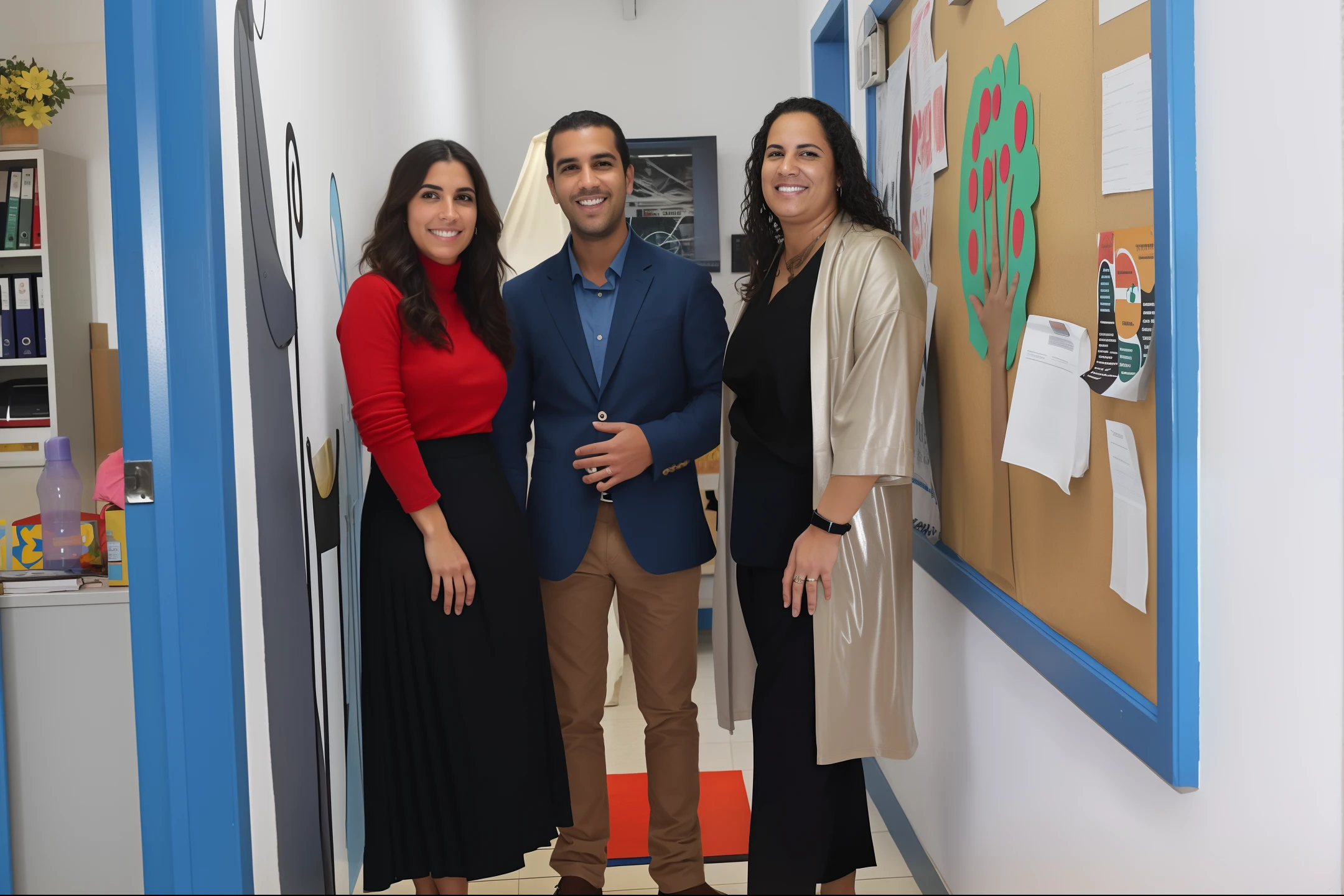 Three people standing in a hallway with a bulletin board in the background, imagem de alta qualidade, Condutor de Ene, Directed by: David Ruby, imagem de perfil, Alarcon Cartunista, In the background, Obra-prima maravilhosa, fundo transparente, competition winning, uma imagem, foto do perfil, imagem de qualidade muito baixa, master part!!!!, Directed by: Daniel Schultz, Detalhes altos!