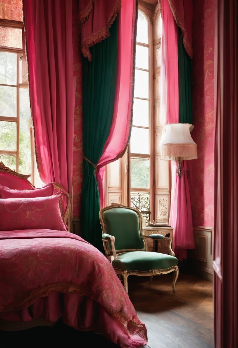 French style, pink bedroom walls, curtains, window, (from below)