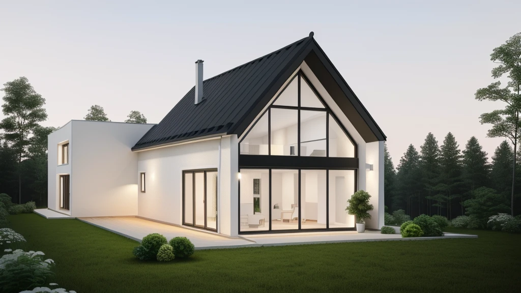 arafed house with a black roof and a white exterior, minimalistic house in the wood, modern house in the wood, luxcore render, one house, high quality rendering, precise architectural rendering, small scandinavian!!! houses, simple gable roofs, in style of ultra realistic, sleek utopian design, award-winning render, concept house, house in forest