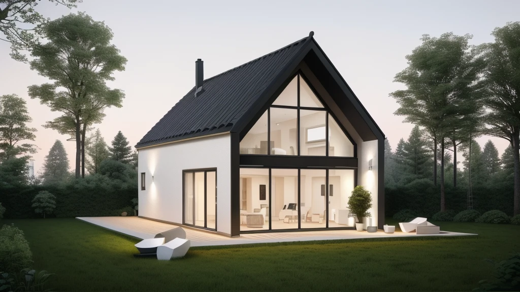 arafed house with a black roof and a white exterior, minimalistic house in the wood, modern house in the wood, luxcore render, one house, high quality rendering, precise architectural rendering, small scandinavian!!! houses, simple gable roofs, in style of ultra realistic, sleek utopian design, award-winning render, concept house, house in forest