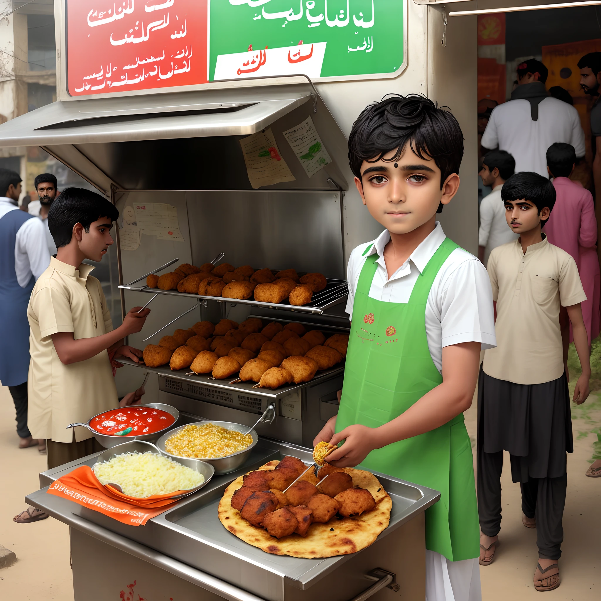 A boy selling hyderabadi shami kabab on small food cart in pakistan