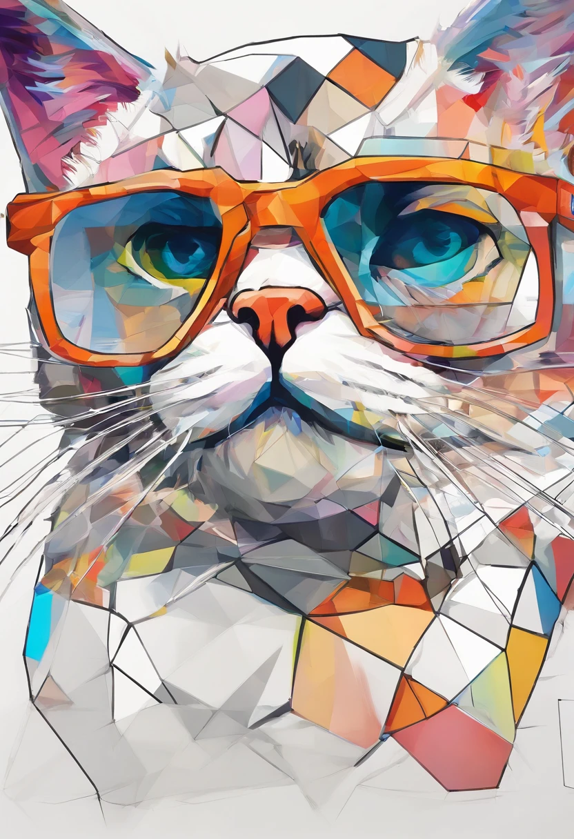 Cute cat face drawing with glasses, robot，Rich oil art，On a colorful background, Abstracted , Abstract Portrait, Stylized face, Pop Art Painting, Dripping Paint，Expressive detail face, Expressive cat, Inspired by Picasso, Pop Art Painting, Beautiful and expressive paintings, Picasso-style, Cubist style