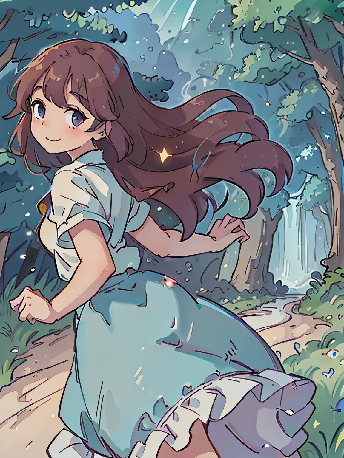 high resolution, (official art, beautiful and aesthetic: 1.2), close view, vast world, girl, running, refreshing smile, long skirt, distant horizon, forest, natural beauty, inspiration, light effect