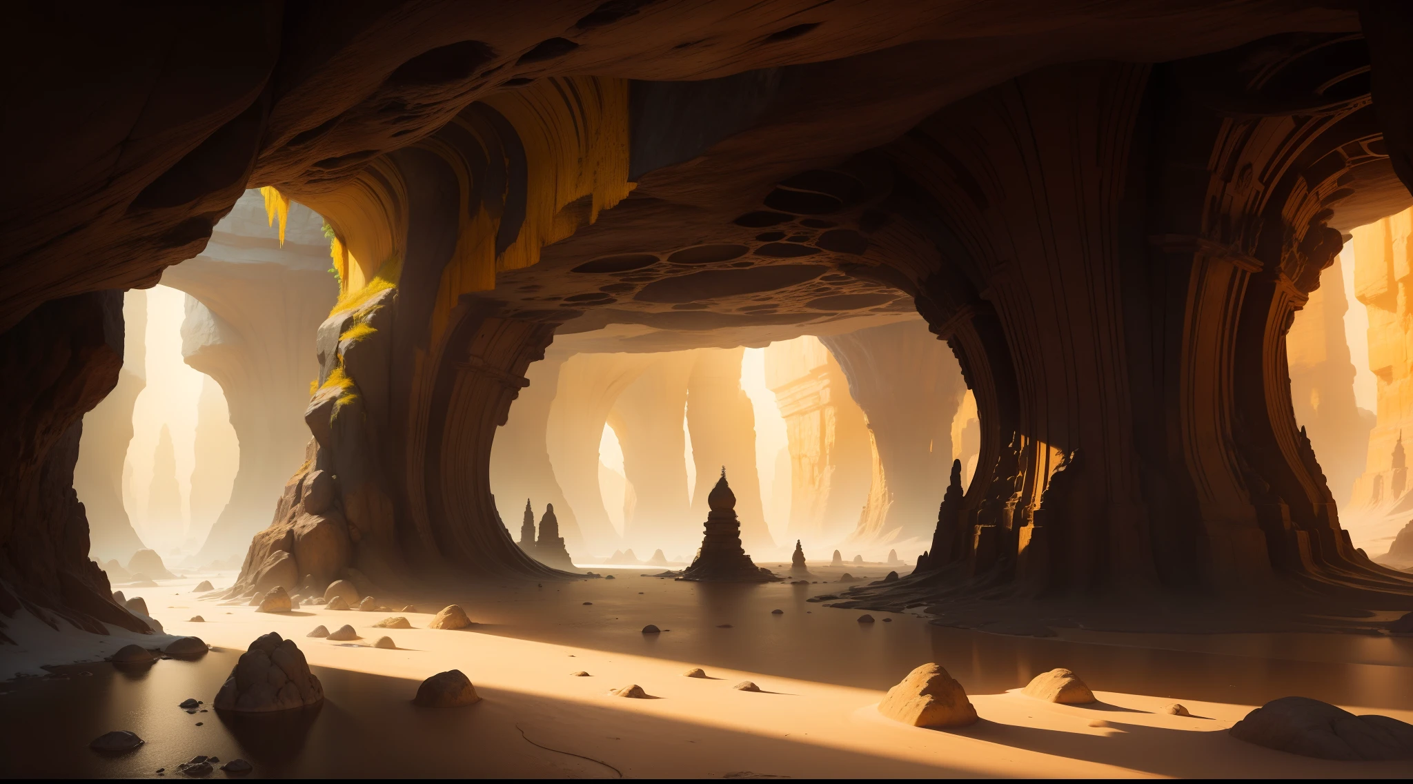 A vibrant, 4K ,Underground caves, Intricate details and surreal feel,HD stone,Golden yellow tones