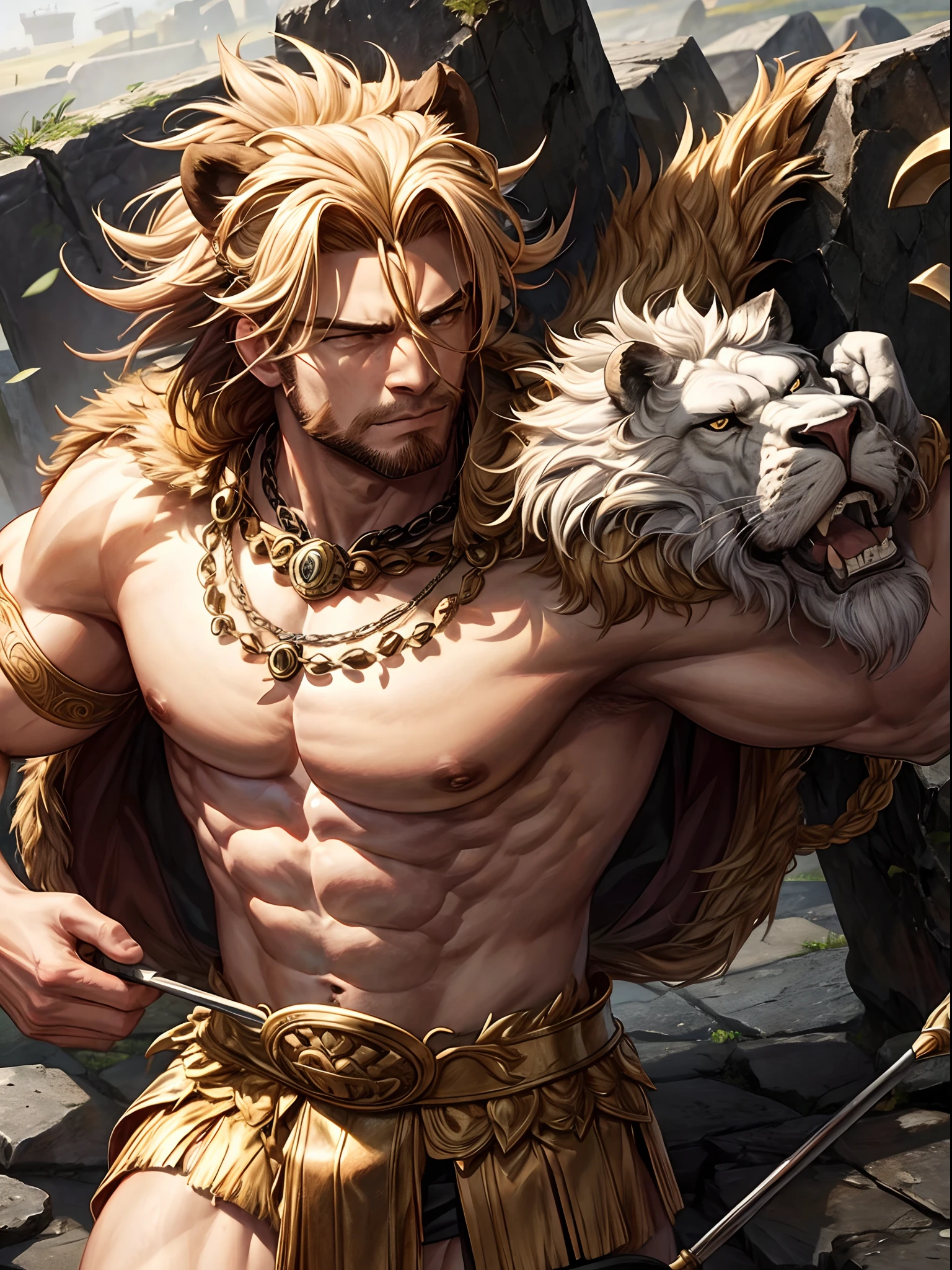 ((Heracles)), Lion cloak, Strong male warrior, stone club.