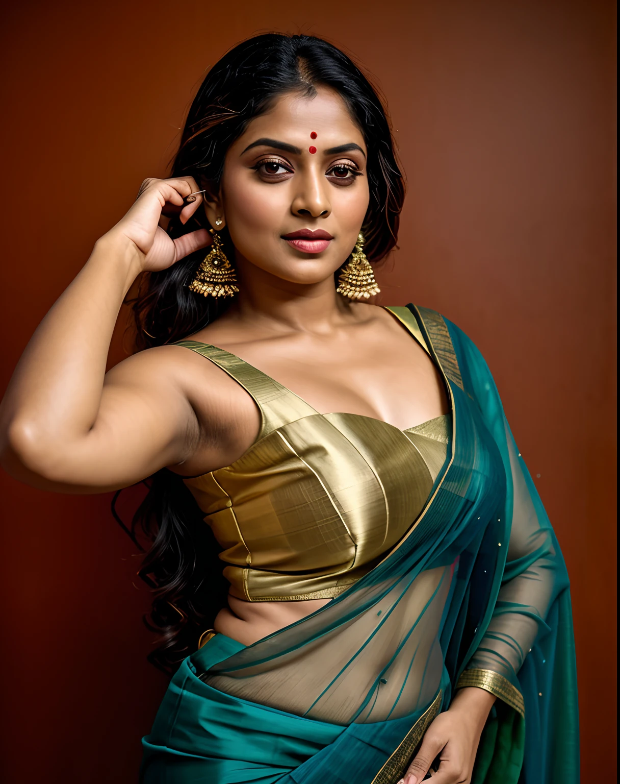 Foto RAW, photorealistic, photography, full body shot, master shot, Saree model, bengali village woman wearing Sari without blouse, bengali vintage cultural dress, bengali heritage dress, model Photography, Indian saree shoot, village woman, sensual lust, sensual beauty, erotic photoshoot, bengali village woman, bengali housewife, bhabhi, aunty, bong girl, village sari, village girl, village Sari style, vintage Indian Village Style sari draping , retro village wear, village style, no blouse saree, no blouse can be seen, traditional wear advertising photography, traditional wear brand shoot, face of Indian actress Drashti Dhami, masterpiece, realistic, realism, photorealism, high contrast, photorealistic Artstation 8k HD digital art trend of high definition and detailed realistic skin texture, ultra detail, realistic skin texture, armature, best quality, ultra high definition, (photorealistic:1.4),, high resolution, detail, raw photo, Re sharp, by Lee Jefferies Nikon D850 Film Stock Photo 4 Kodak Portra 400 Camera F1.6 Lens Rich Color Ultra Real Realistic Realistic Textures Dramatic Lighting Unreal Engine Trending at Art Station Cinestill 800,(pele altamente detalhada: 1.2), 8k UHD, DSLR, soft-lighting, alta qualidade, grain of film, Fujifilm XT3