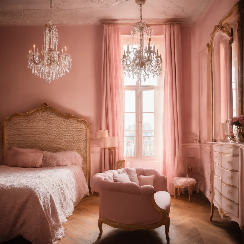 bright, day, French style, pink bedroom walls, curtains, ceiling, chandelier, window, (from below)