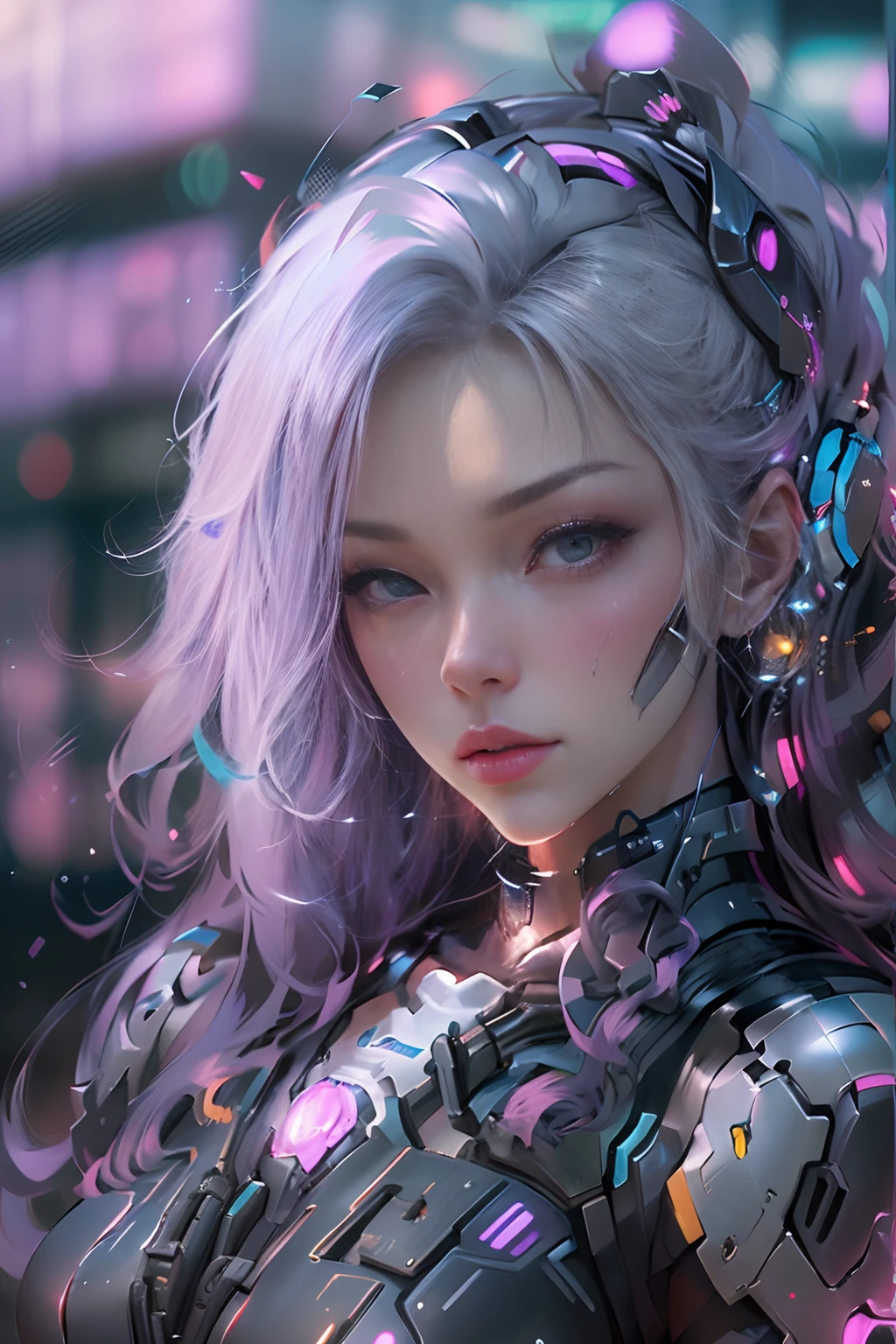 1个Giant Breast Girl，Pink eyes， starrysky，closeup cleavage，mechs，Technologie，mirai，Seduce the figure