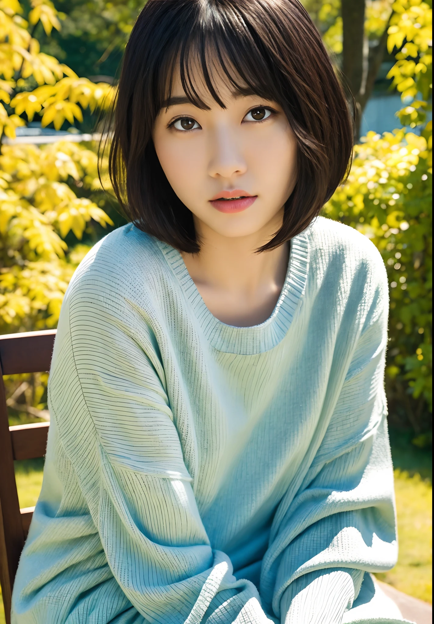1人、A dark-haired、On-eyebrow bangs、bob cut hair、Wearing fashionable autumn clothes、Sitting in a chair with your back straight、Facing the front、perfect anatomia、depth of fields、Spiritual silence、Transcendental tranquility、Absurdres、hdr、Super detailed illustration、extra detailed face、RAW Photography、film grains、Deviantart Trends、a scene from a movie、natural soft light