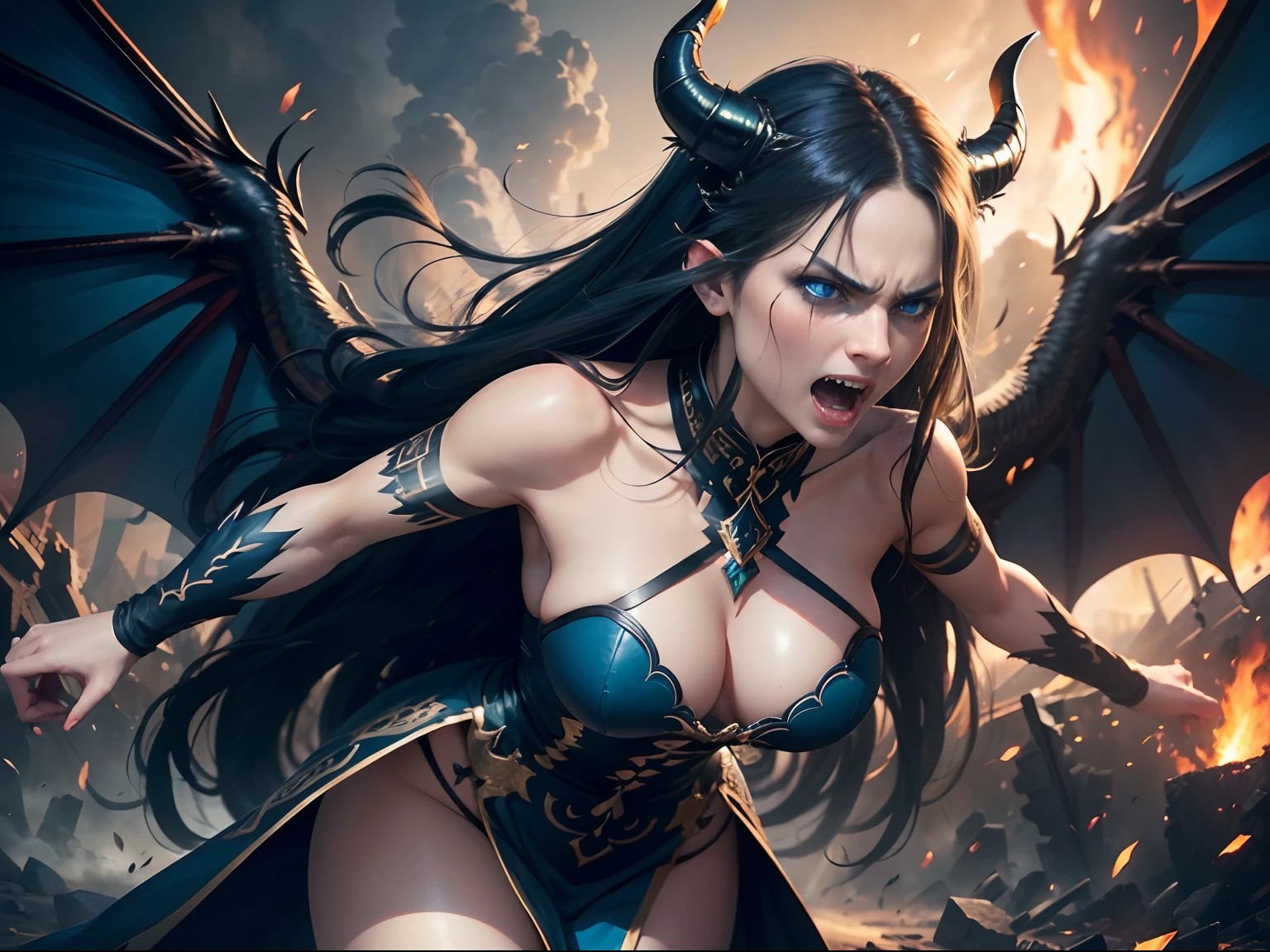 (best quality, 4k,8k,highres,masterpiece:1.2),ultra-detailed,realistic,BREAK Lotan beautiful caucasian woman with straight long black hair,(blue eyes:1.5),attractive appearance,detailed face,detailed lips and eyes,black dragon horns on the head,dragon wings,dragon tail,voluptuous,BREAK green and black dress,golden jewelry,portrait of an enraged woman in the middle of a rage explosion,angry,(fangs:1.2), (screaming:1.3), scowl, tearing up, glint, anger vein, evil,hatred,deep emotion,strained expression,dramatic lighting,emotional turmoil,strong impact,emotional intensity,vibrant colors,expressive style,angry energy,(wings wide open:1.5), battlefield, blurred background, smoke and flames all around, (facing up:1.4)