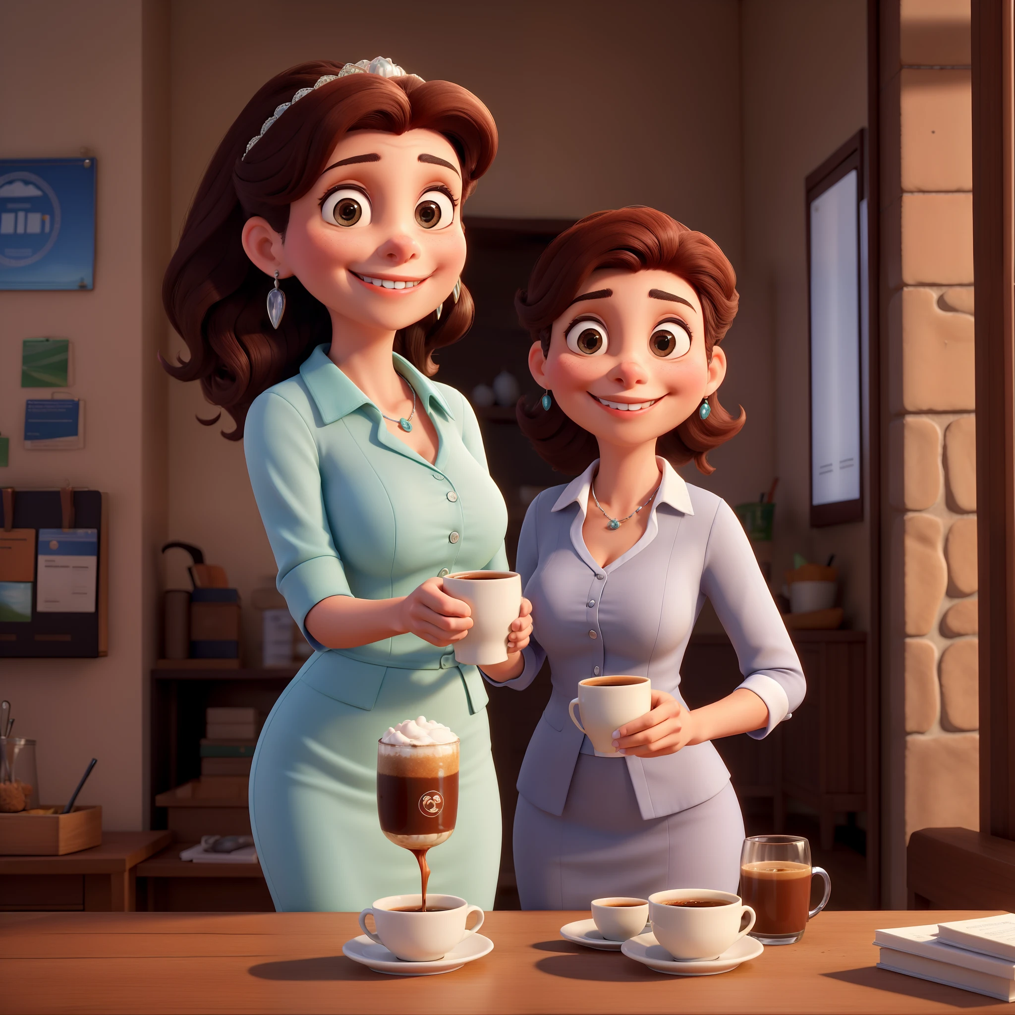 Obra-prima, melhor qualidade, Posing for photos like a businesswoman drinking coffee: Aurora Arruda, uma jovem e bem-sucedida brasileira. She's a young woman, por volta de seus 28 anos, de pele branca, cabelos lisos, longos e castanhos que atingem a cintura. Em cada retrato, Aurora will be smiling, looking directly into the camera holding a cup of coffee. You'll be dressed like a businesswoman.
