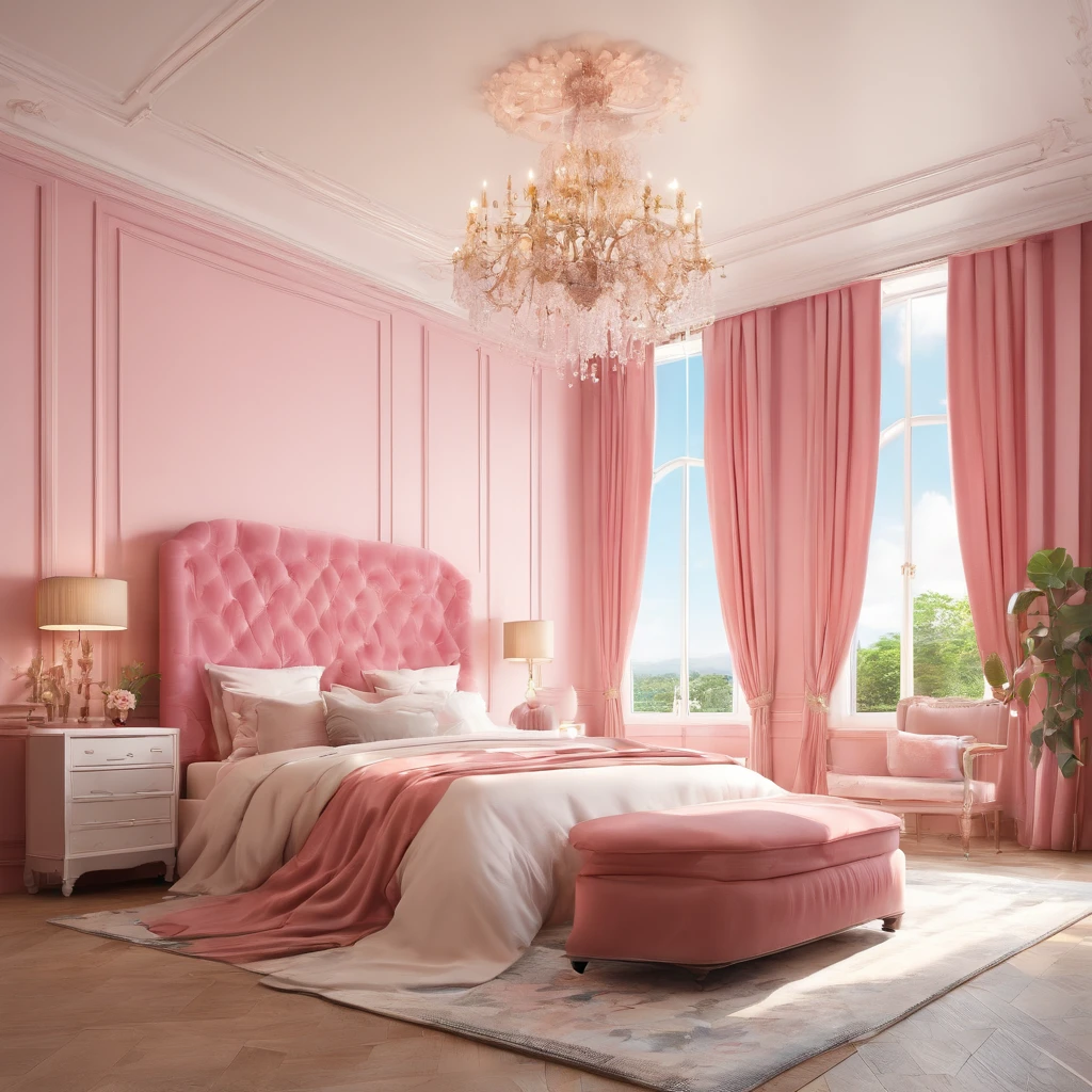 bright, day, French style, huge pink bedroom, curtains, ceiling, chandelier, window, (from below)