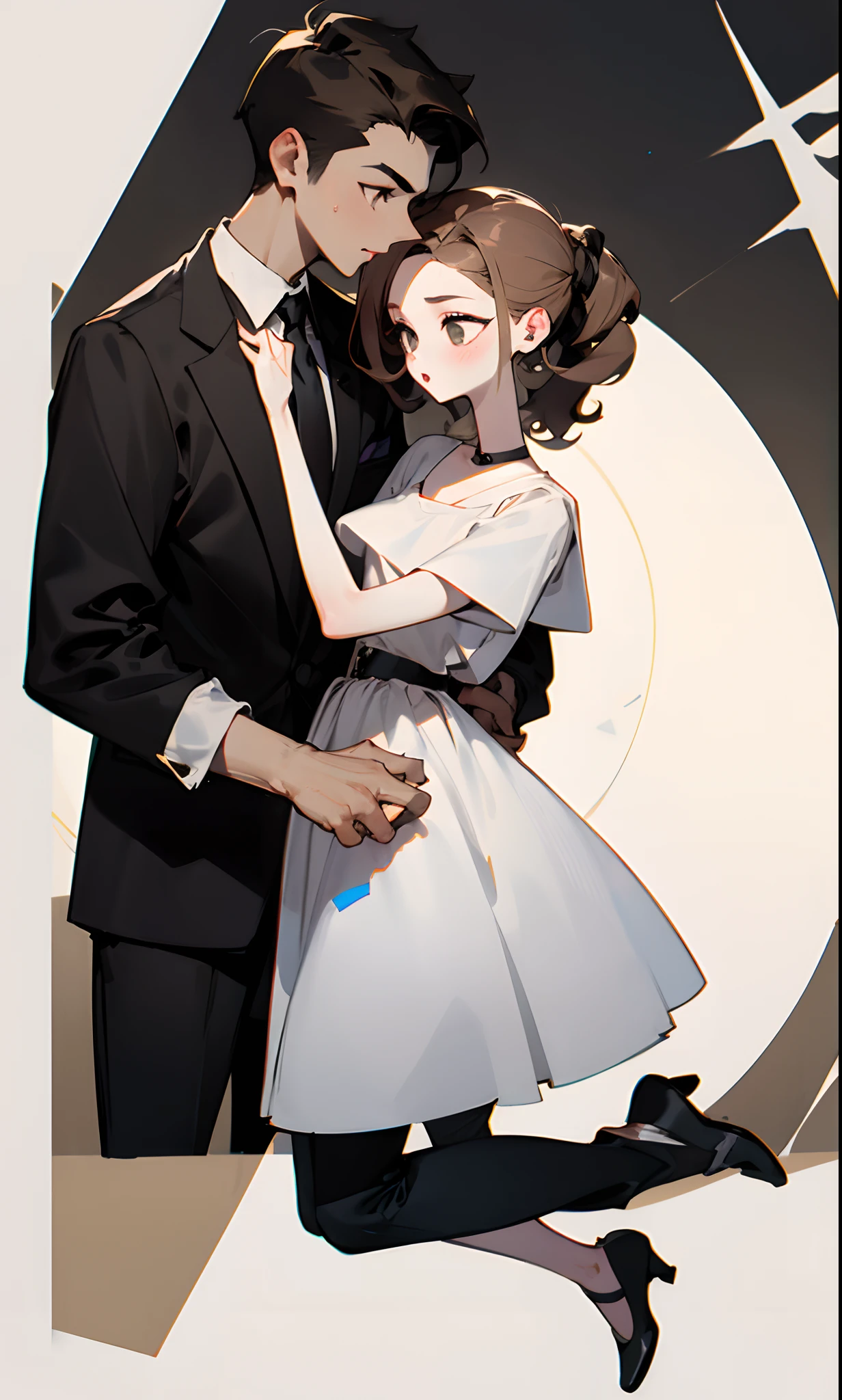 Portada tipo Pixar de una pareja de dos, The girl is touching the hair of the man in front of the boyfriends son. la chica tienen el pelo largo y negro con las puntas rubias, tiene cachetes grandes, viste de una camisa corta negra y un chamarra negra, with a white skirt with black circles, zapatos son negros, Her skin is very white brown and she is wearing makeup, He is of medium build and is 14 years old, la chica tiene las manos en el pelo del chico. The boy has brown hair with a medium cut, And it has two small tails. su piel es muy blanca, His body is slim, he wears a white T-shirt and black pants, lleva zapatos Nike blancos, tiene labios grandes, mejillas rosadas, And she's 15 years old, she's got her hands on the girl's waist.