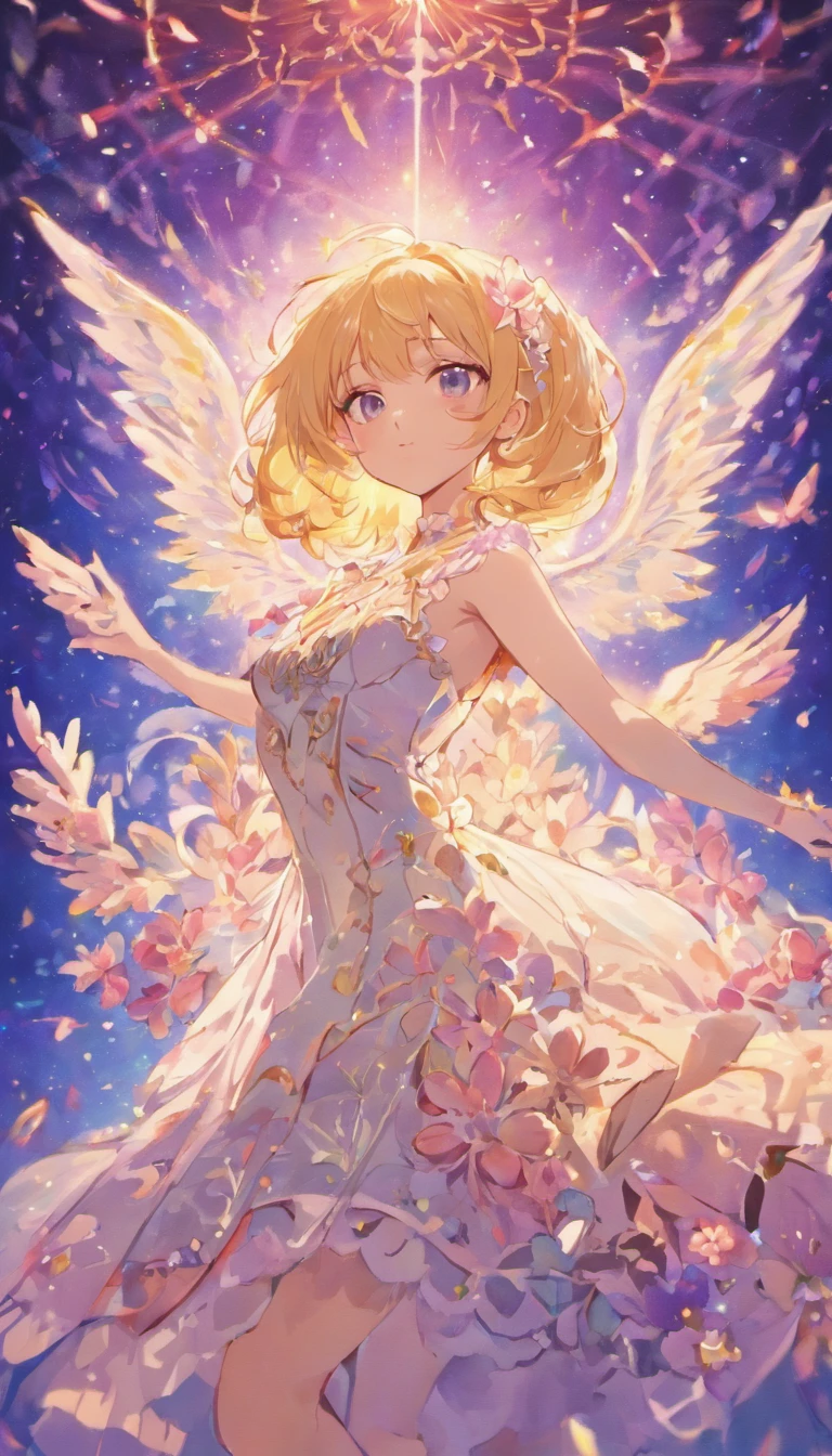 tmasterpiece,Best quality at best,1个Giant Breast Girl,blond hairbl,lacy white dress,teens girl, girls,独奏,Glass Chapel,Transparent wings,long whitr hair,ssmile,Close your eyes and face straight,There are a lot of flowers around the cosmic background,Vertical painting effect,The upper part of the body