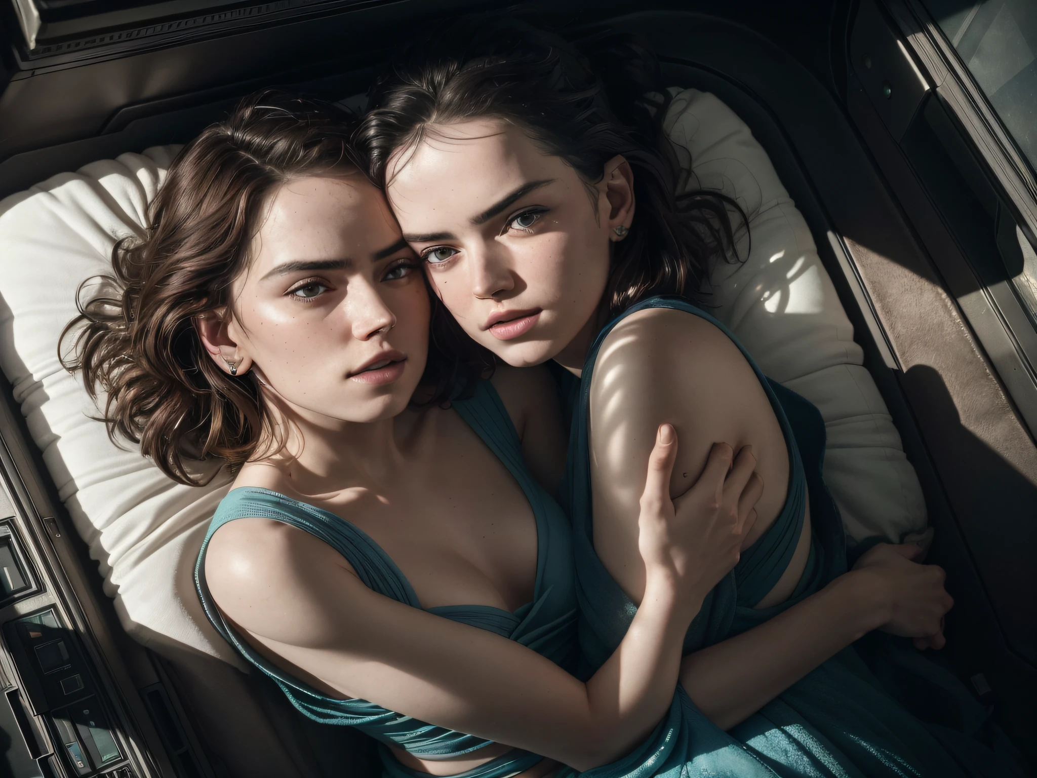 RAW photo of 2 women (looking like 25 year old daisy ridley) hugging. two beautiful women cuddling naked, adult, (beautiful face:1.5, perfect face:1.4), (from above:1.4), colorful photo:1.4, long hair, multicolored hair:1.4, best quality, epic (by lee jeffries photo, sony a7, 50 mm, pores:1.4, colors, hyperdetailed:1.4, film grain:1.2, hyperrealistic: 1.4), octane render, hyper-realistic lifelike texture, masterpiece, unreal engine 5, breast pressing against breast, extremely detailed CG unity 8k wallpaper, realistic eyes, Madly detailed photo, (ecstasy of light and shadow, deep shadow), Winner of the Pulitzer Prize for Photography and Taylor Wessing Photographic Prize, analog style, hugging in a modern alien space ship