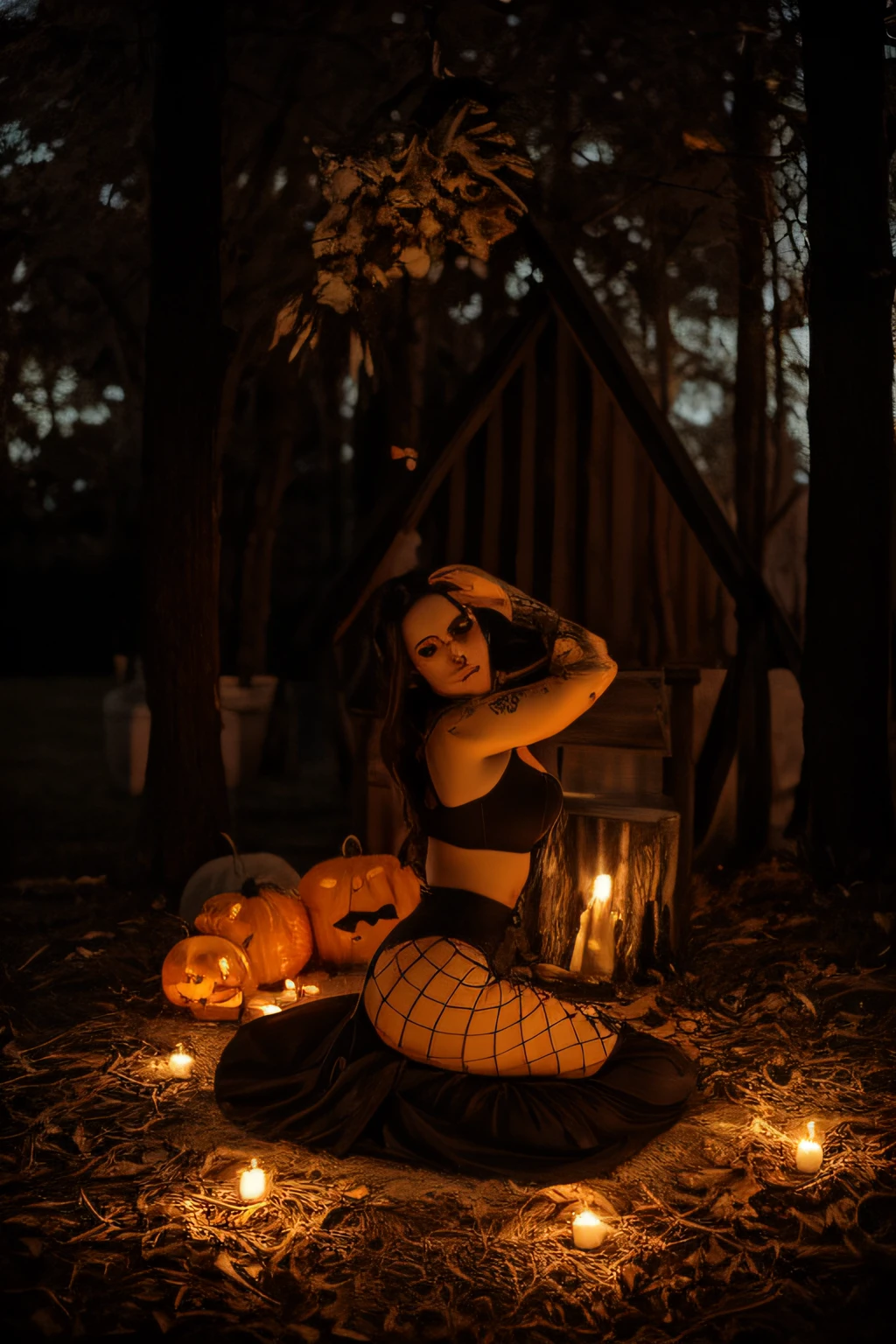 A woman sitting on the ground with a pumpkin and a candle, gothic horror vibes, Witchy, Conto de fadas de bruxa, Bruxa na floresta, Atmosfera de Halloween, goth girl aesthetic, cena de halloween, sedutora e aterrorizante, tema halloween, gothic aesthetic, pose assustadora, dark dance photography aesthetic, sob a lanterna, pose sinistra, Roupa de bruxa, gothic aesthetic