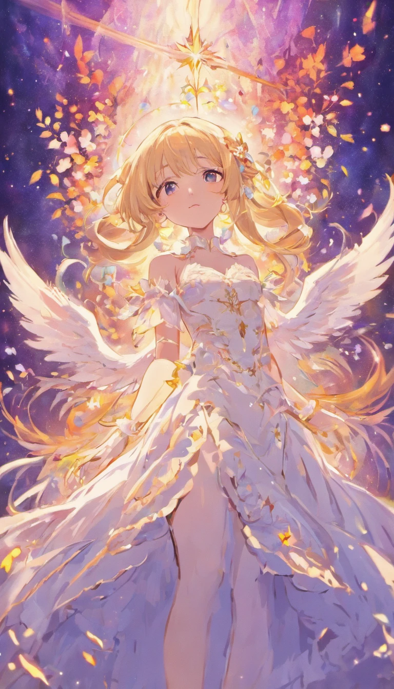 tmasterpiece,Best quality at best,1个Giant Breast Girl,blond hairbl,lacy white dress,teens girl,middle School girls,独奏,Glass Chapel,Transparent wings,long whitr hair,ssmile,closing her eyes,Look straight into your face,There are a lot of flowers around the cosmic background,Vertical painting effect,The upper part of the body