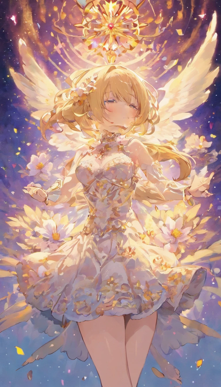 tmasterpiece,Best quality at best,1个Giant Breast Girl,blond hairbl,lacy white dress,teens girl, girls,独奏,Glass Chapel,Transparent wings,long whitr hair,ssmile,closing her eyes,Look straight into your face,There are a lot of flowers around the cosmic background,Vertical painting effect,The upper part of the body