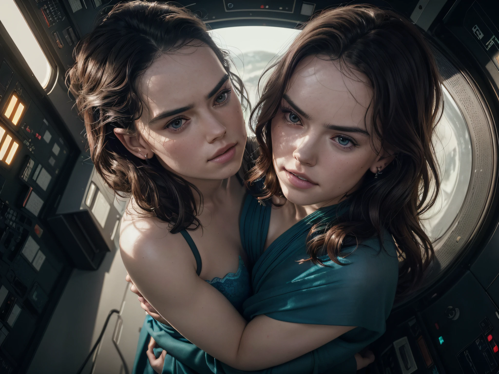 RAW photo of 2 women (looking like 25 year old daisy ridley) hugging. two beautiful women cuddling naked, adult, (beautiful face:1.5, perfect face:1.4), (from above:1.4), colorful photo:1.4, long hair, multicolored hair:1.4, best quality, epic (by lee jeffries photo, sony a7, 50 mm, pores:1.4, colors, hyperdetailed:1.4, film grain:1.2, hyperrealistic: 1.4), octane render, hyper-realistic lifelike texture, masterpiece, unreal engine 5, breast pressing against breast, extremely detailed CG unity 8k wallpaper, realistic eyes, Madly detailed photo, (ecstasy of light and shadow, deep shadow), Winner of the Pulitzer Prize for Photography and Taylor Wessing Photographic Prize, analog style, hugging in a modern alien space ship