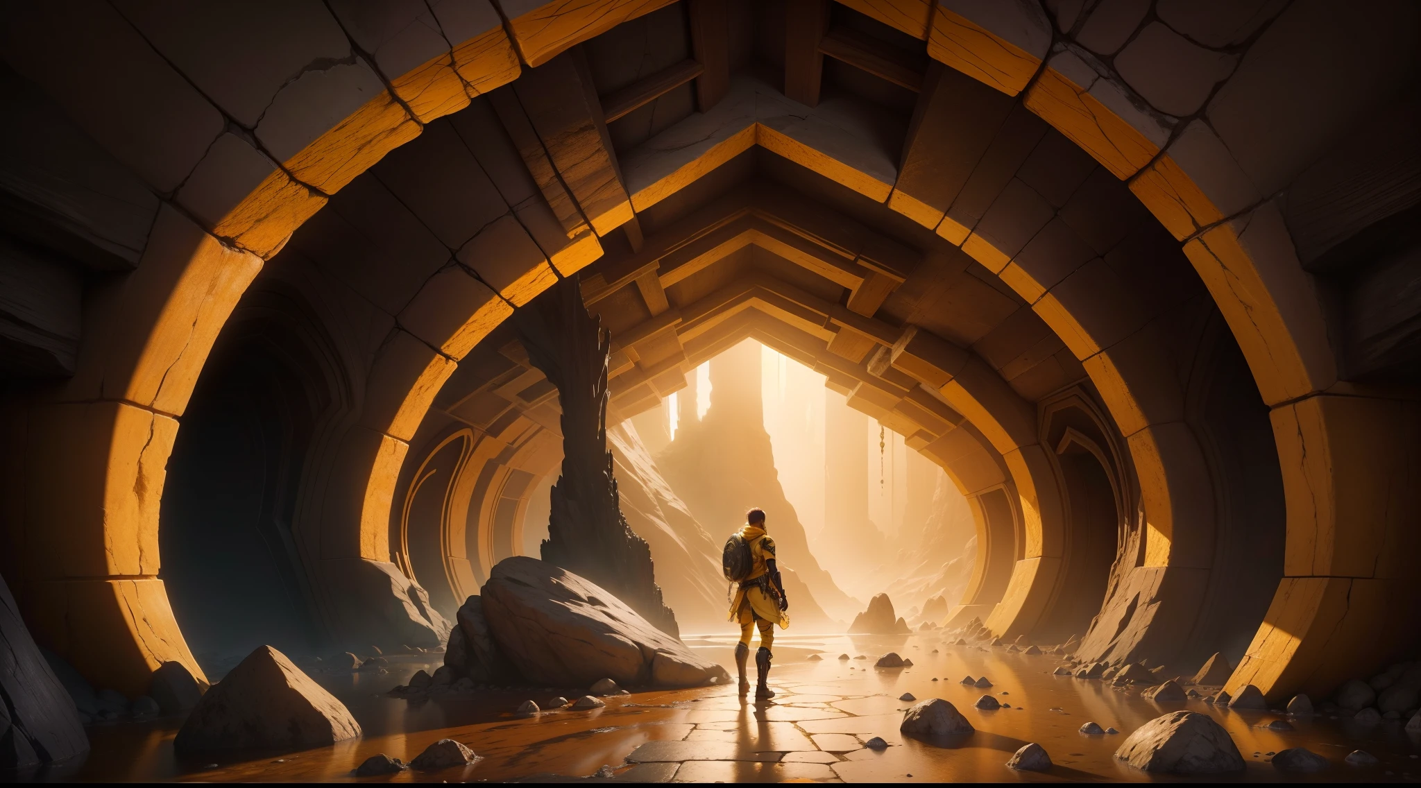 A vibrant, 4K ,underground cave, Intricate details and surreal feel,HD stone,Golden yellow tones