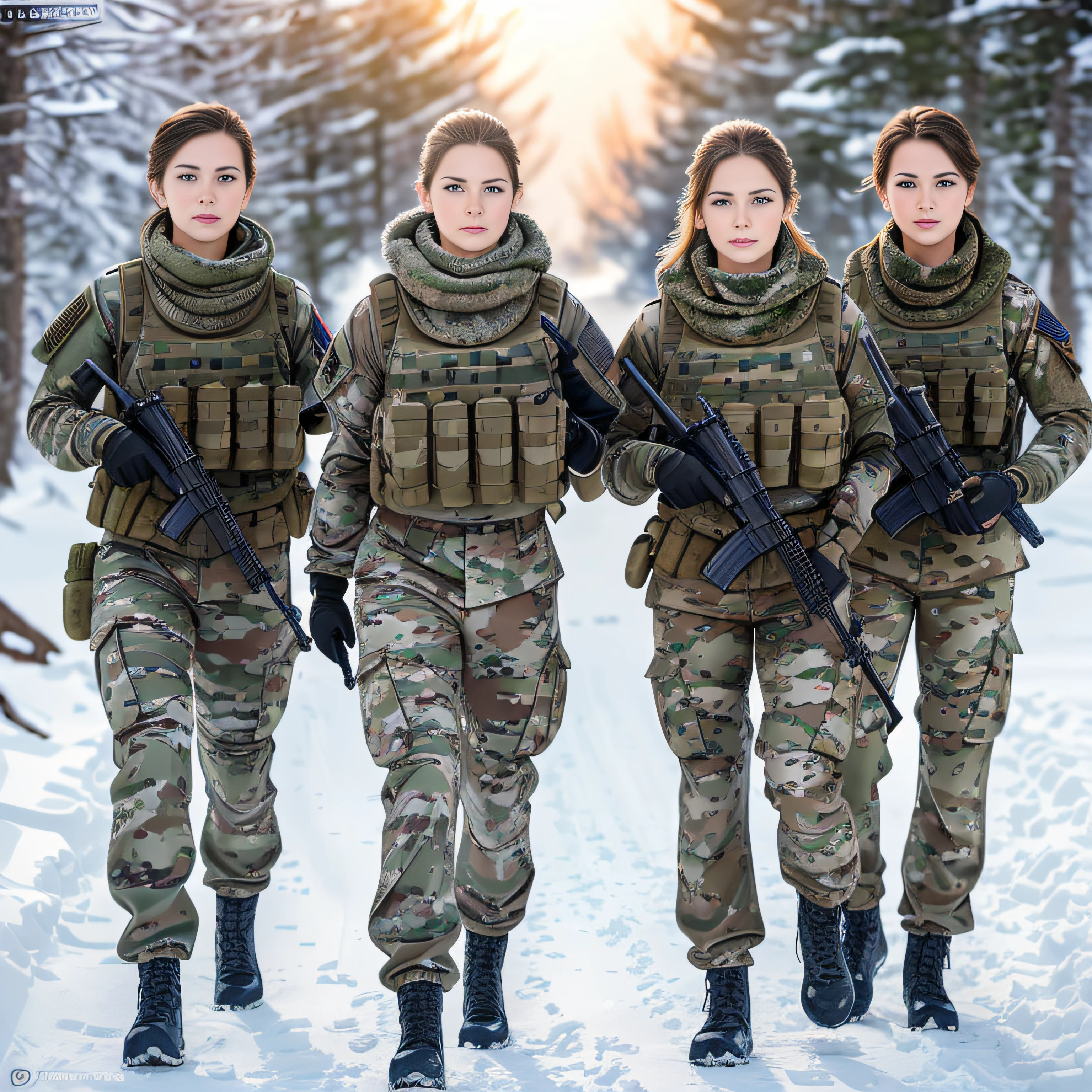 (Photorealistic), Beautiful lighting, Best Quality, Realistic, Full body portrait, real picture, Intricate details, depth of fields, 3 lesbians girls embracing , In a cold blizzard, Very muscular soldier girl with a haircut, Fatigue of the army wearing winter camouflage, Camouflage Plate Carrier Rig, Combat gloves, (Magazine Pouch), (Kneepads), ighly detailed, Perfect face, Blue eyes, Lips, wide hips, Small waist, tall, make up, Tactic, FUJI XT3, Outdoors, bright day, Beautiful lighting, Raw photo, 8K UHD, Film grain, ((Bokeh))