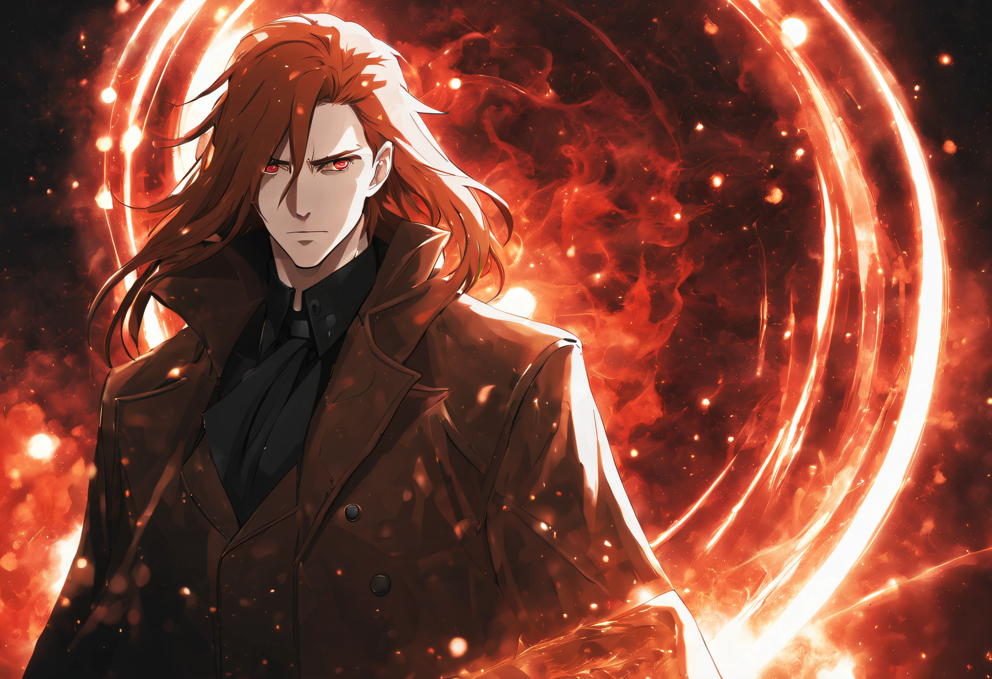 one man, red long hairs,pale withe skin, wearing a leather brown overcoat, magic aura particles, red eyes, 4k, cinematic details, anime 2D style