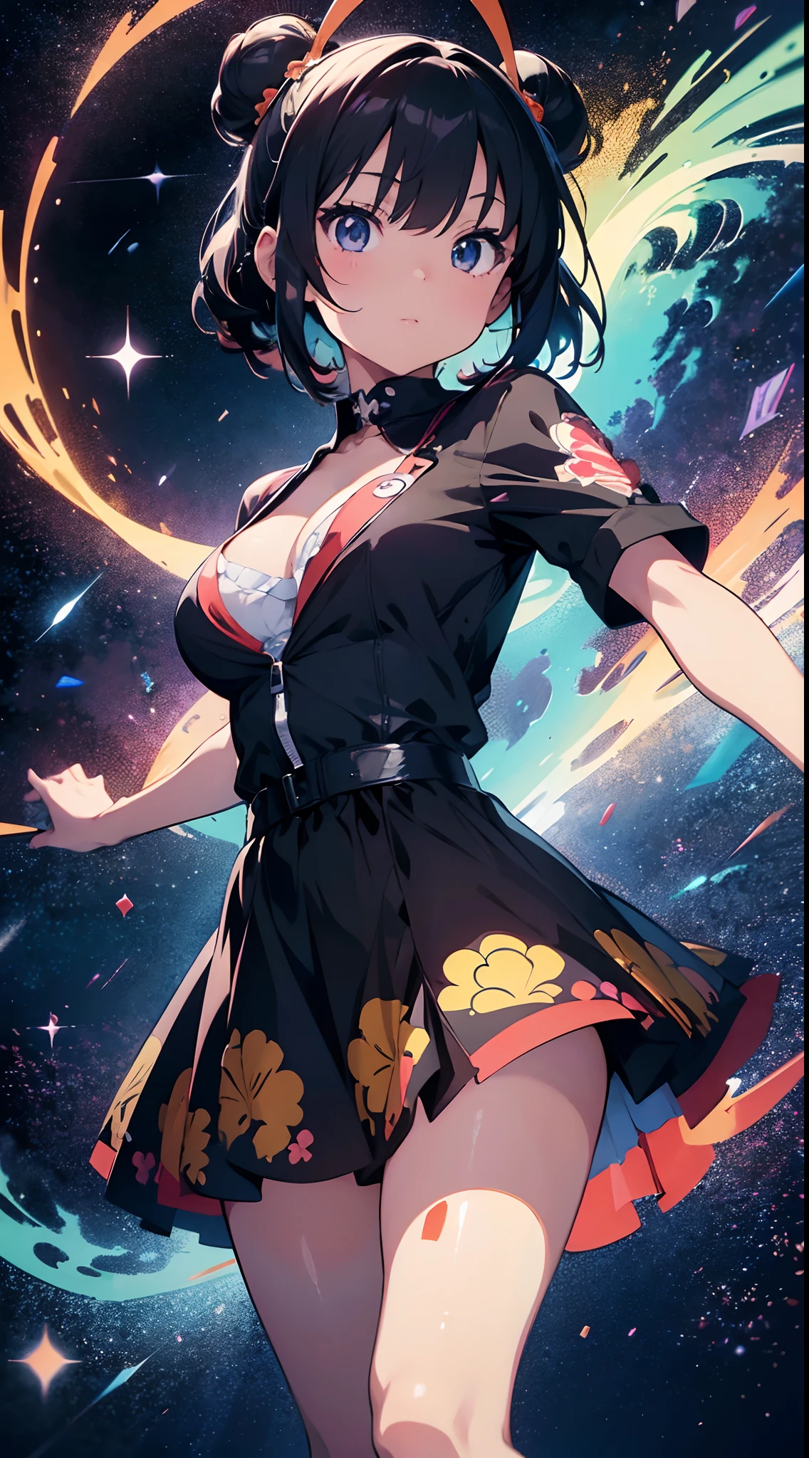 sarada big tits + Goku girl with black short hair, fiery red tips, shiny, smooth and silky, eye-catching big blue eyes and short dress with elegant V-neck in gold red colors ((com print com letras ha ha ha)) sitting facing forward on a bench with a galaxy in the background falling black petals super quality perfect anime 2.5D death note style strong strokes manga realistic quality niji 6v ultra detailed graphics