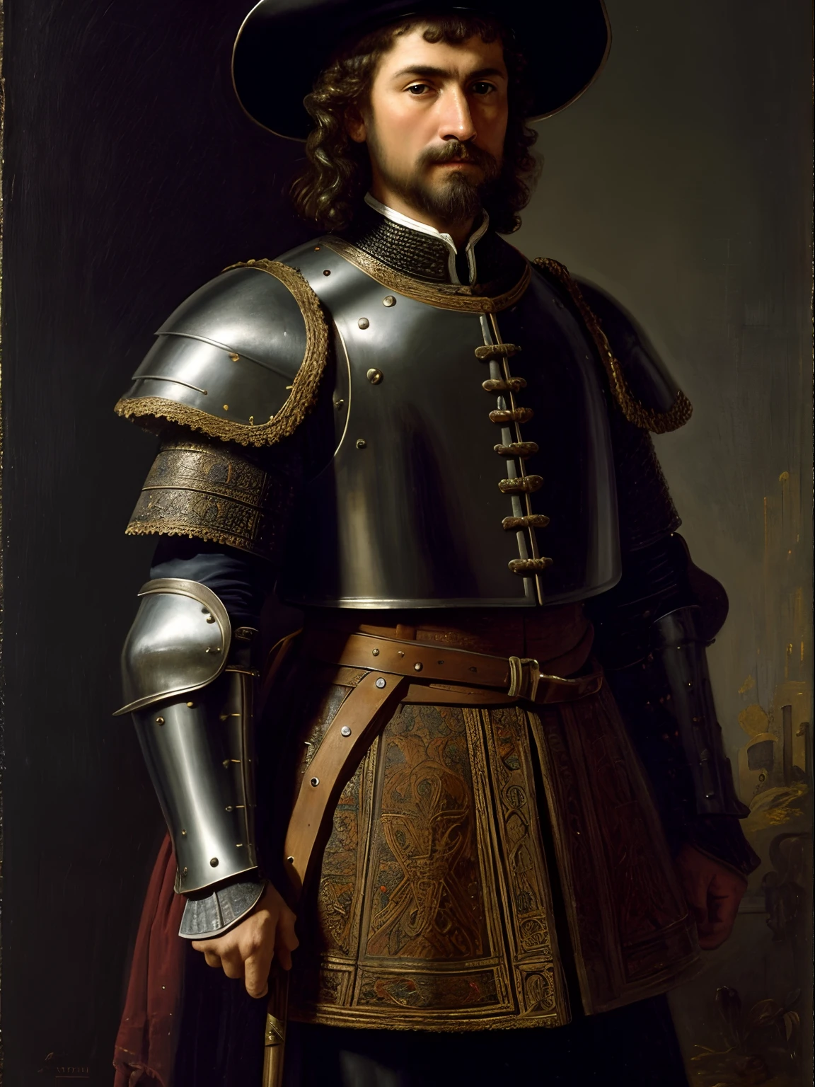 A spanish soldier in a black plate armor, day, medieval aesthetics, sharp focus, intricate details, highly detailed, depth of field, sharp focus, high detail, Impressionism, no helmet or hat, Detailed oil painting, Glazing, Tenebrism, scumbling, oil painting, baroque style, by Rembrandt, by Artemisia Gentileschi