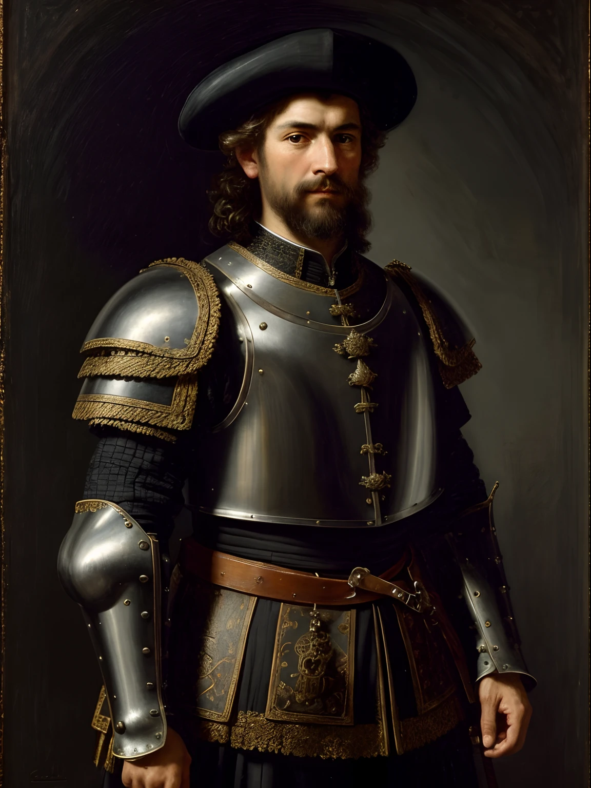 A spanish soldier in a black plate armor, day, medieval aesthetics, sharp focus, intricate details, highly detailed, depth of field, sharp focus, high detail, Impressionism, no helmet or hat, Detailed oil painting, Glazing, Tenebrism, scumbling, oil painting, baroque style, by Rembrandt, by Artemisia Gentileschi