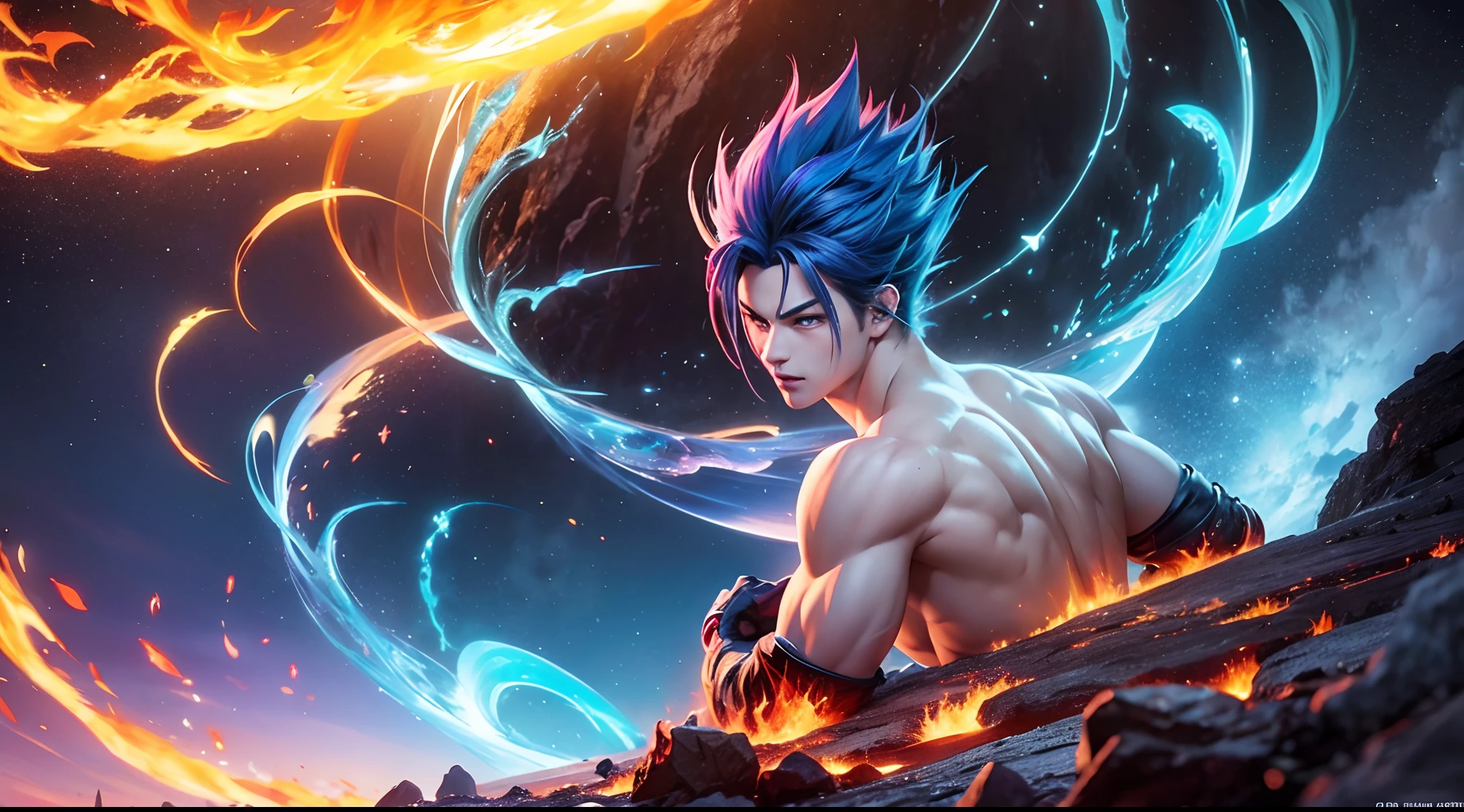 Get ready for a visual feast with Gohan having a handsome face and piercing red eyes, glowing blue hair and tattoo, well-proportioned character portraits and landscapes, and a perfect body. In his transformed state, he radiates extreme instinct and power, creating an epic anime about this man of energy. fire and lava in stunning anime artwork that will leave you in awe. This concept art is straight from the Universe, with manga-style 8k wallpapers that will transport you to another dimension. Get ready to be amazed by this detailed piece of digital anime art, showcasing the ultimate combination of style and power.